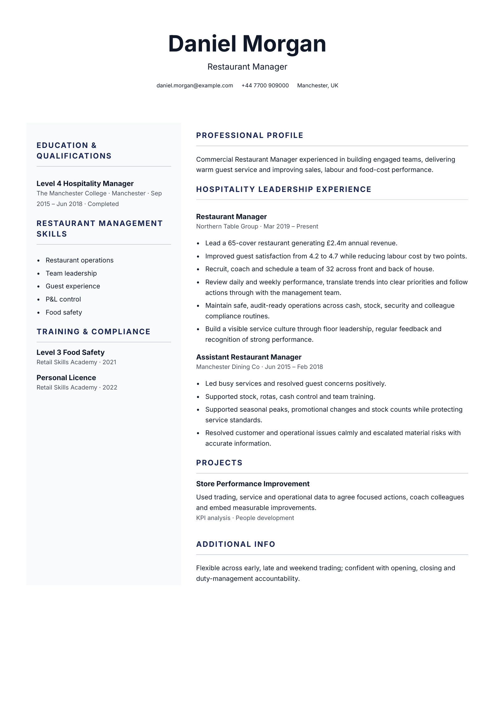 Restaurant manager CV