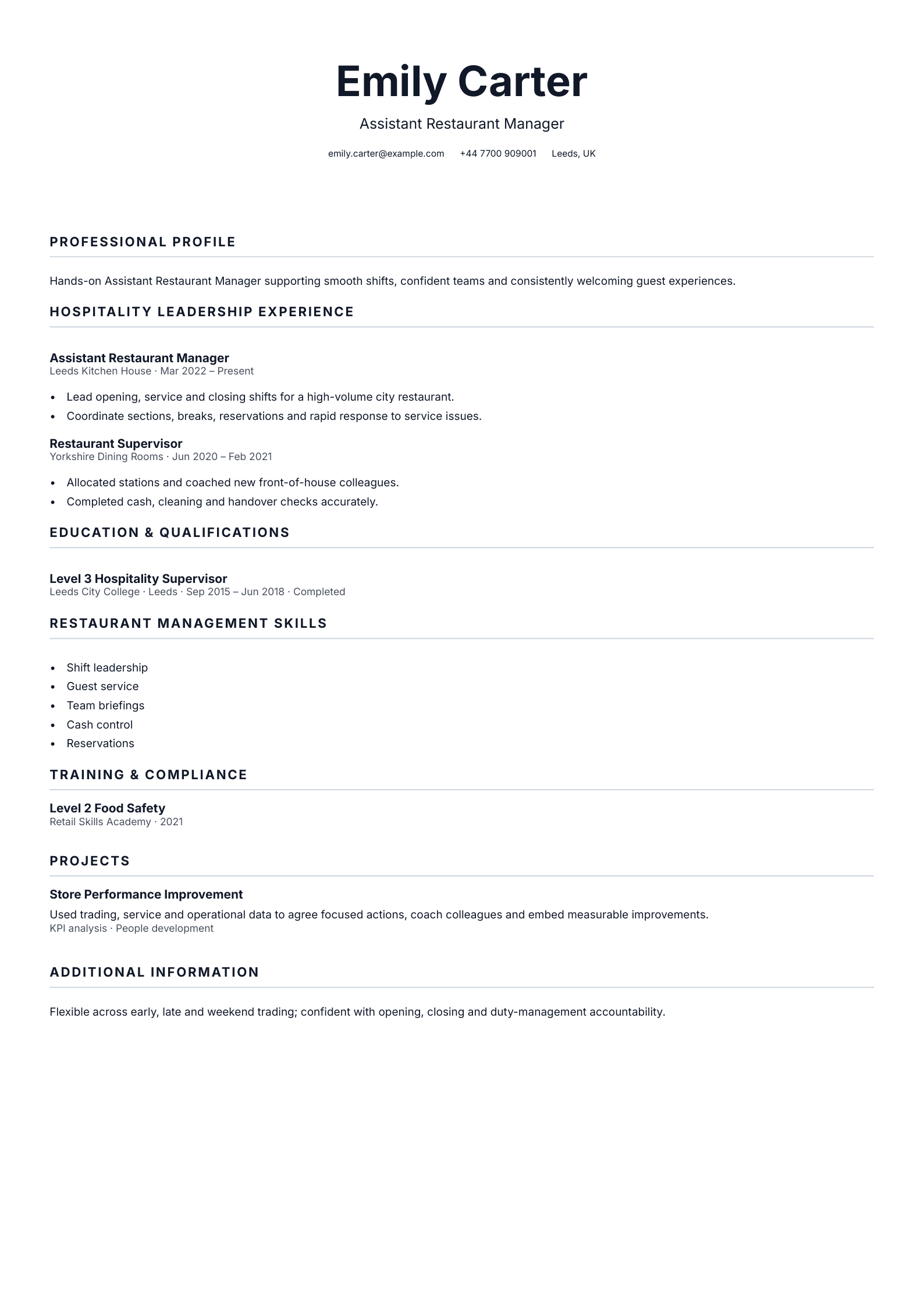 Assistant Restaurant Manager CV template