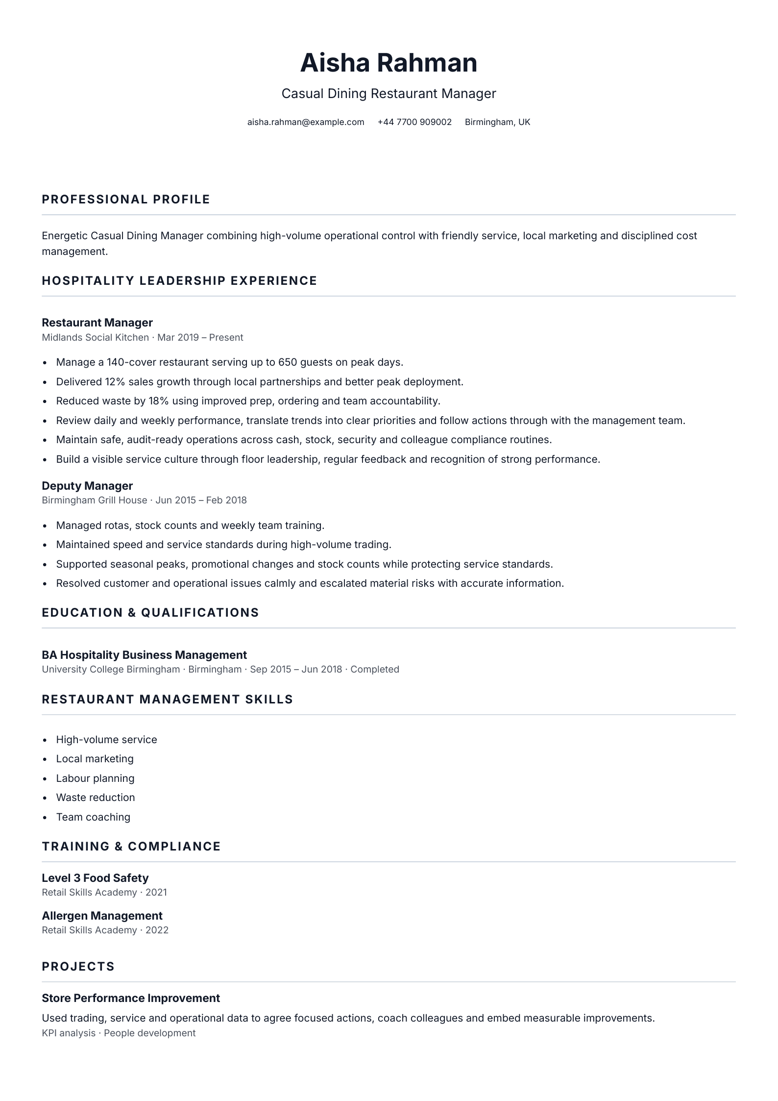 Casual Dining Manager CV template