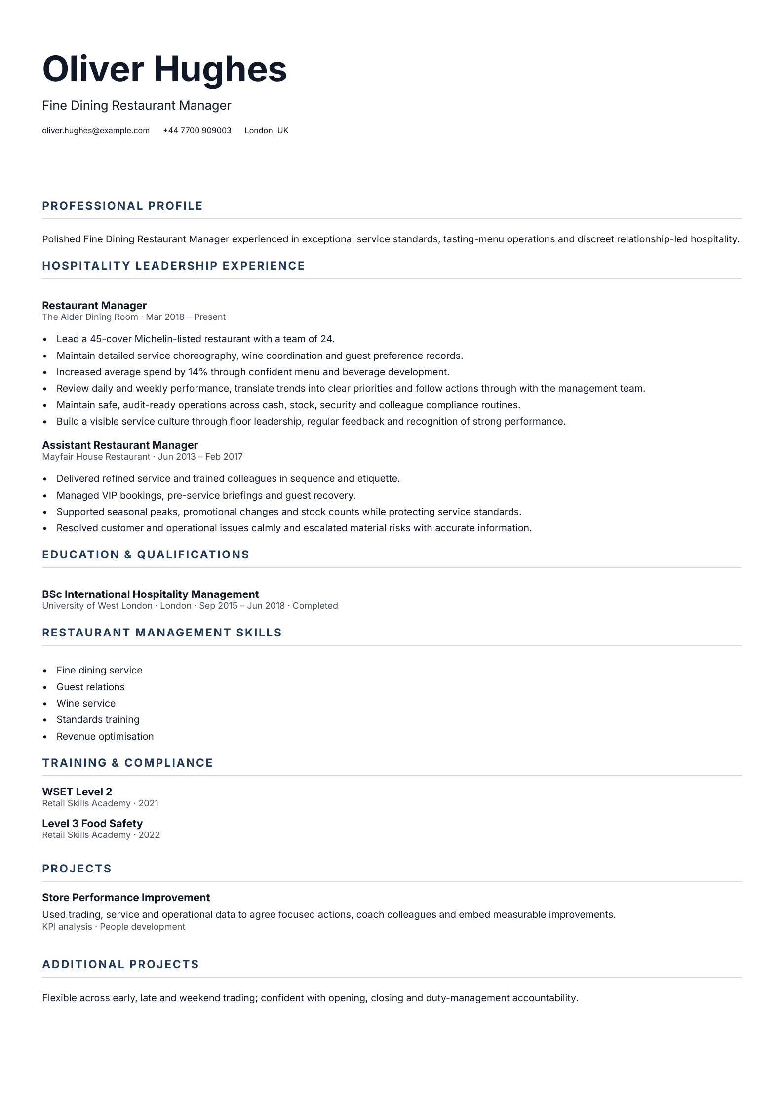 Fine Dining Restaurant Manager CV template