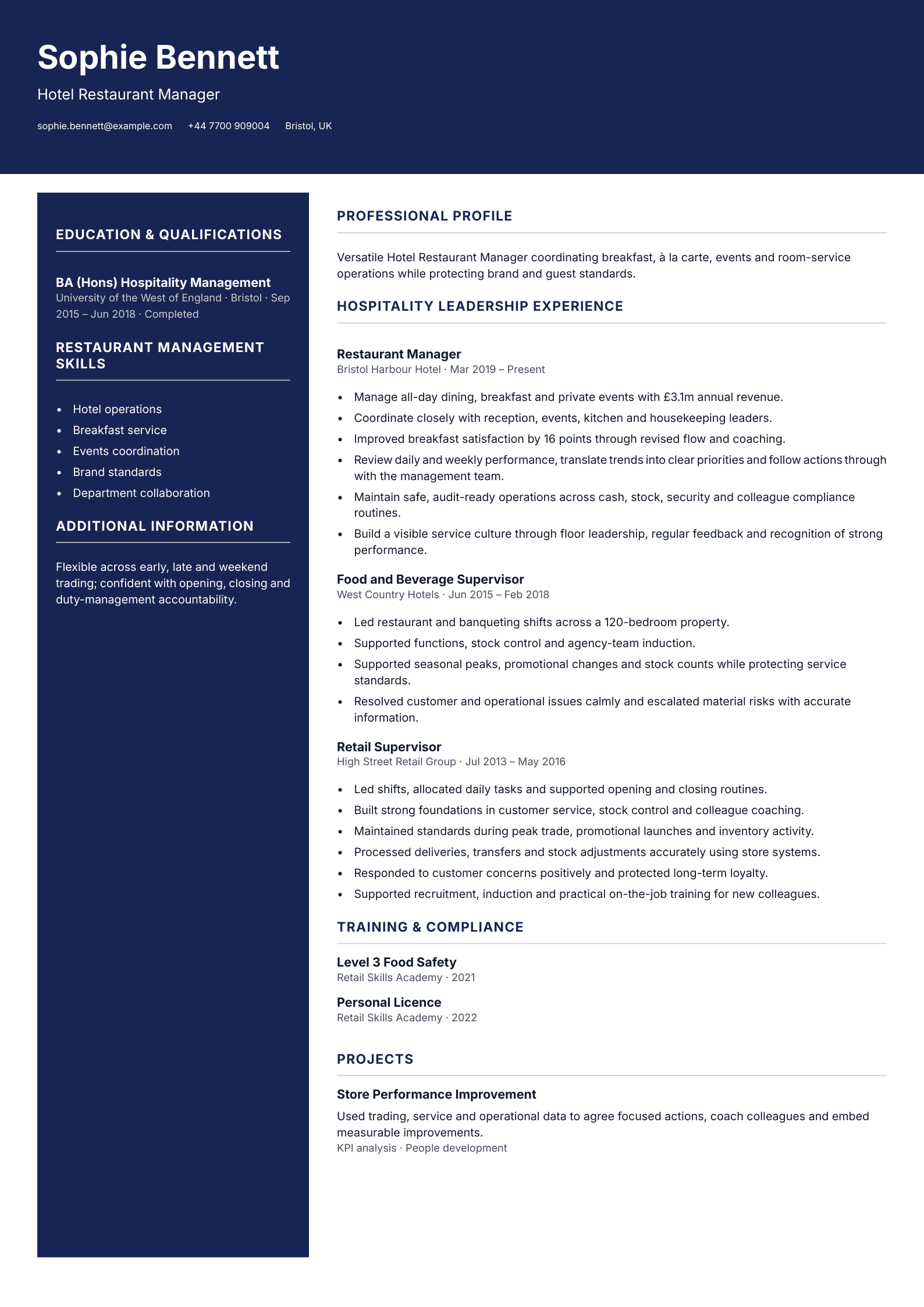 Hotel Restaurant Manager CV template