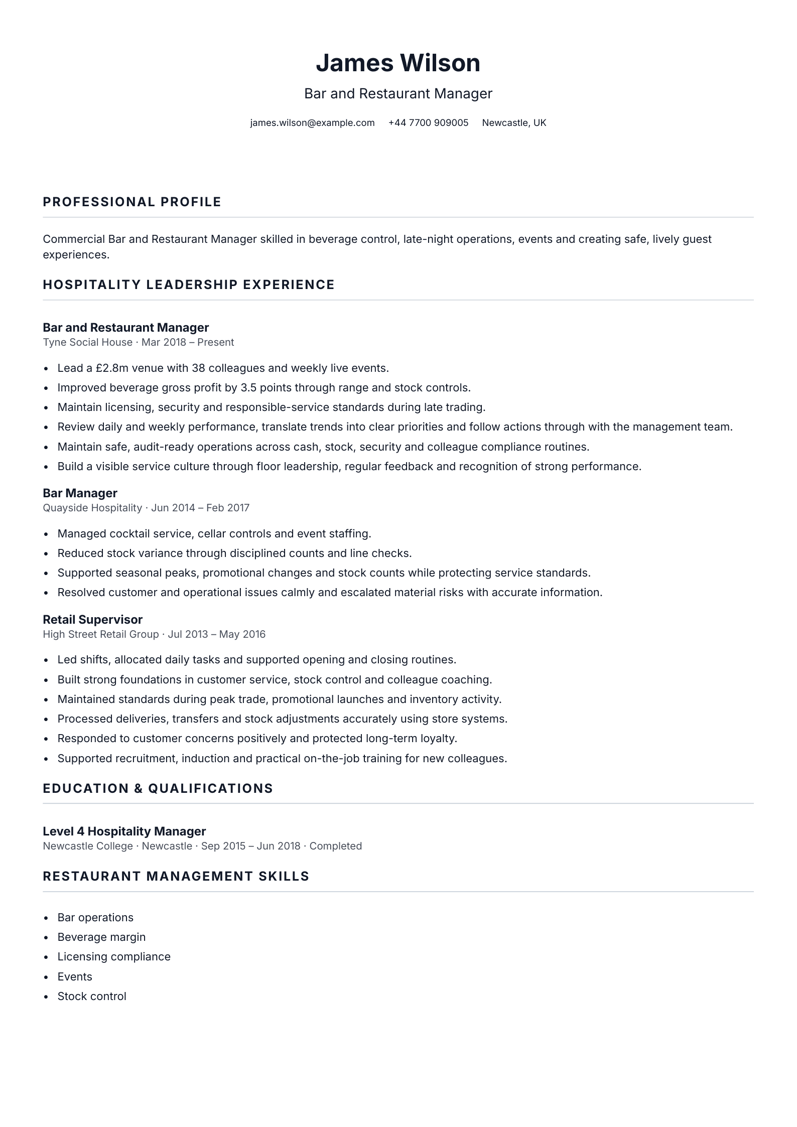 Bar and Restaurant Manager CV template