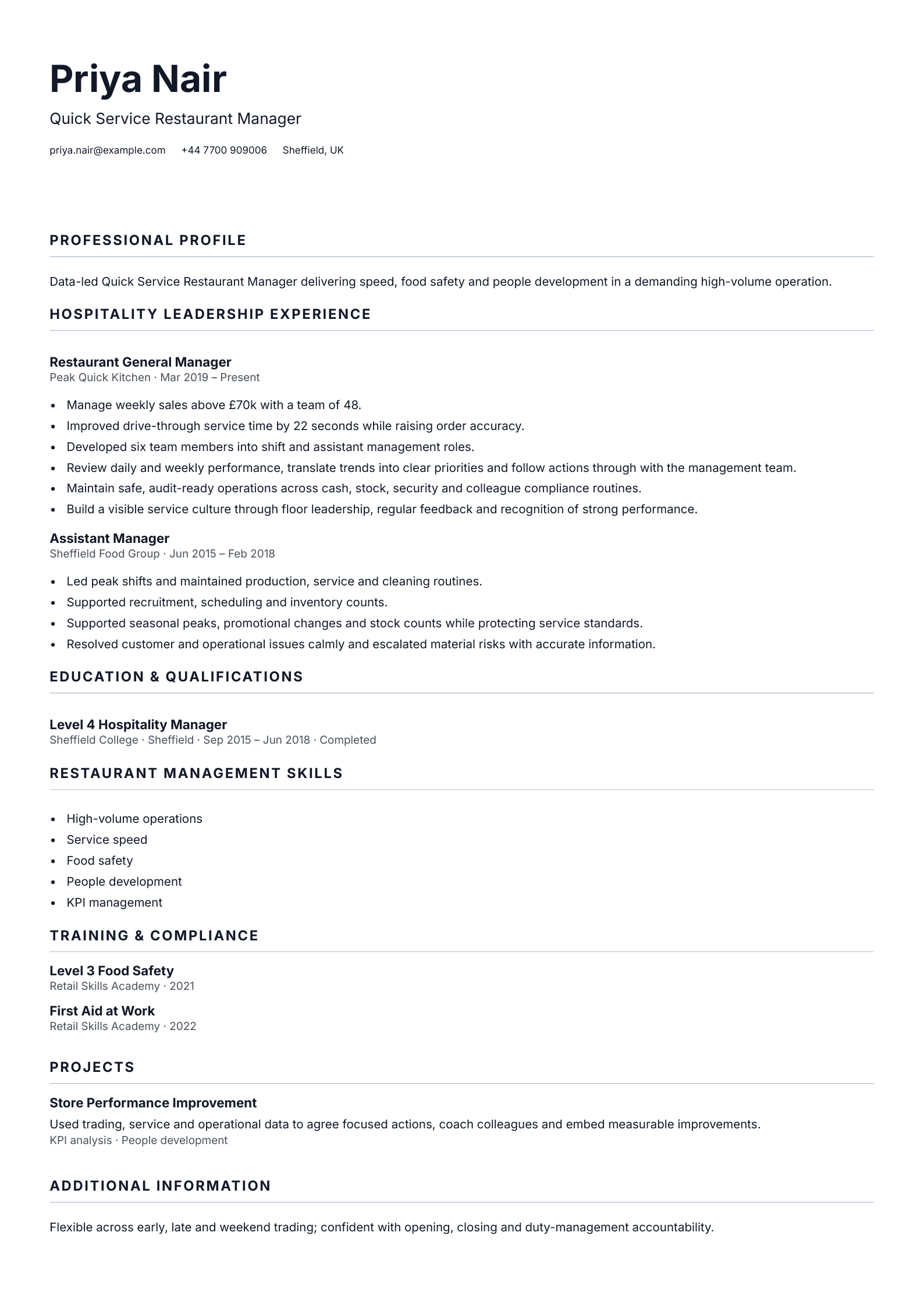 Quick Service Restaurant Manager CV template