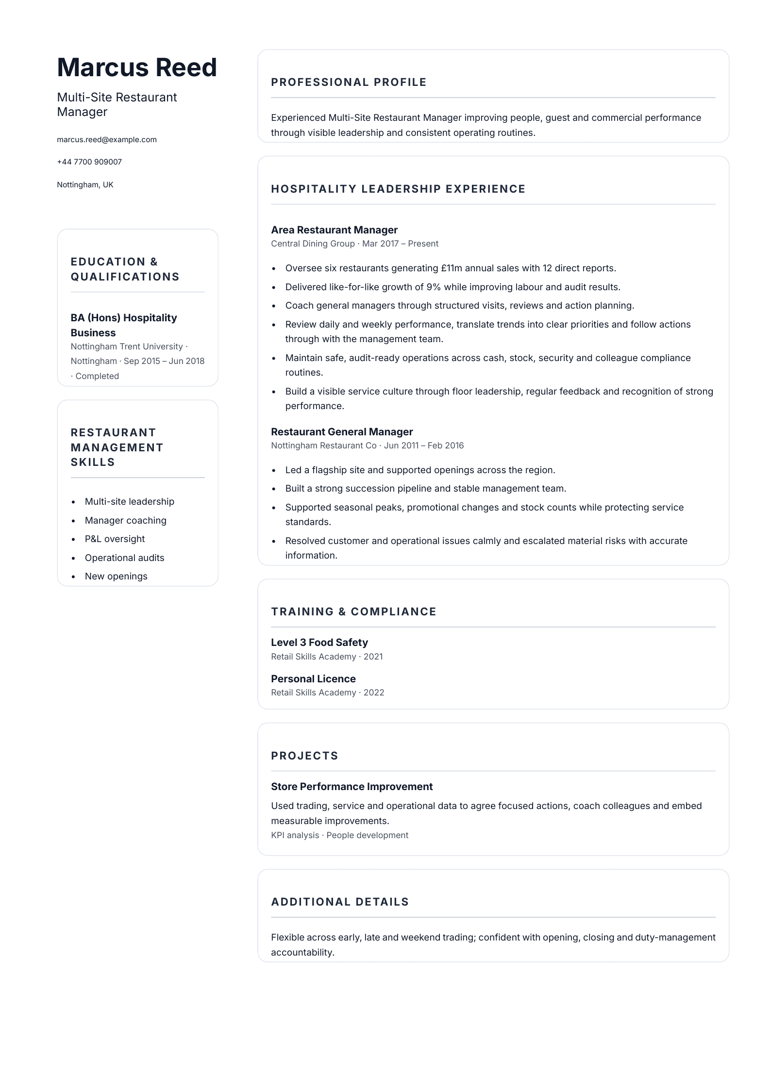 Multi-Site Restaurant Manager CV template