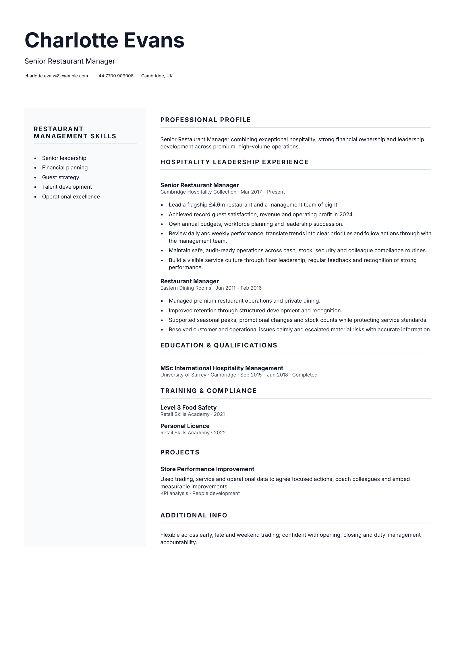 Senior Restaurant Manager CV template