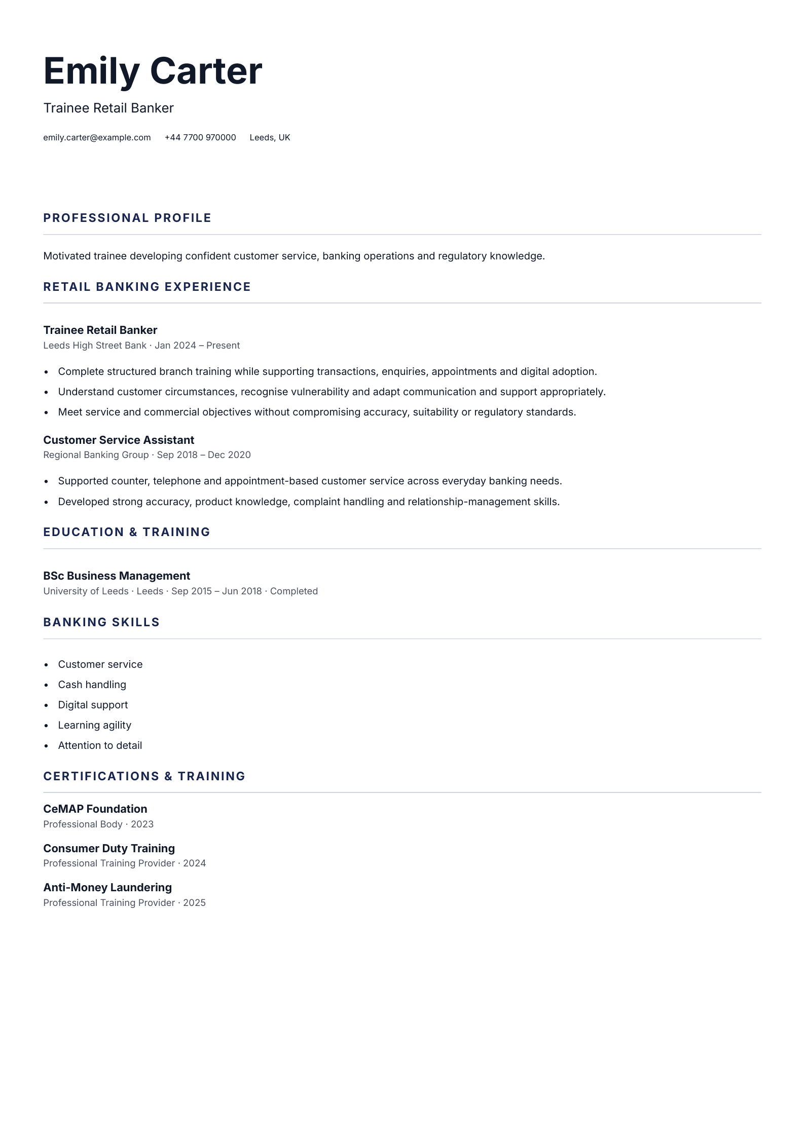 Trainee Retail Banker CV template