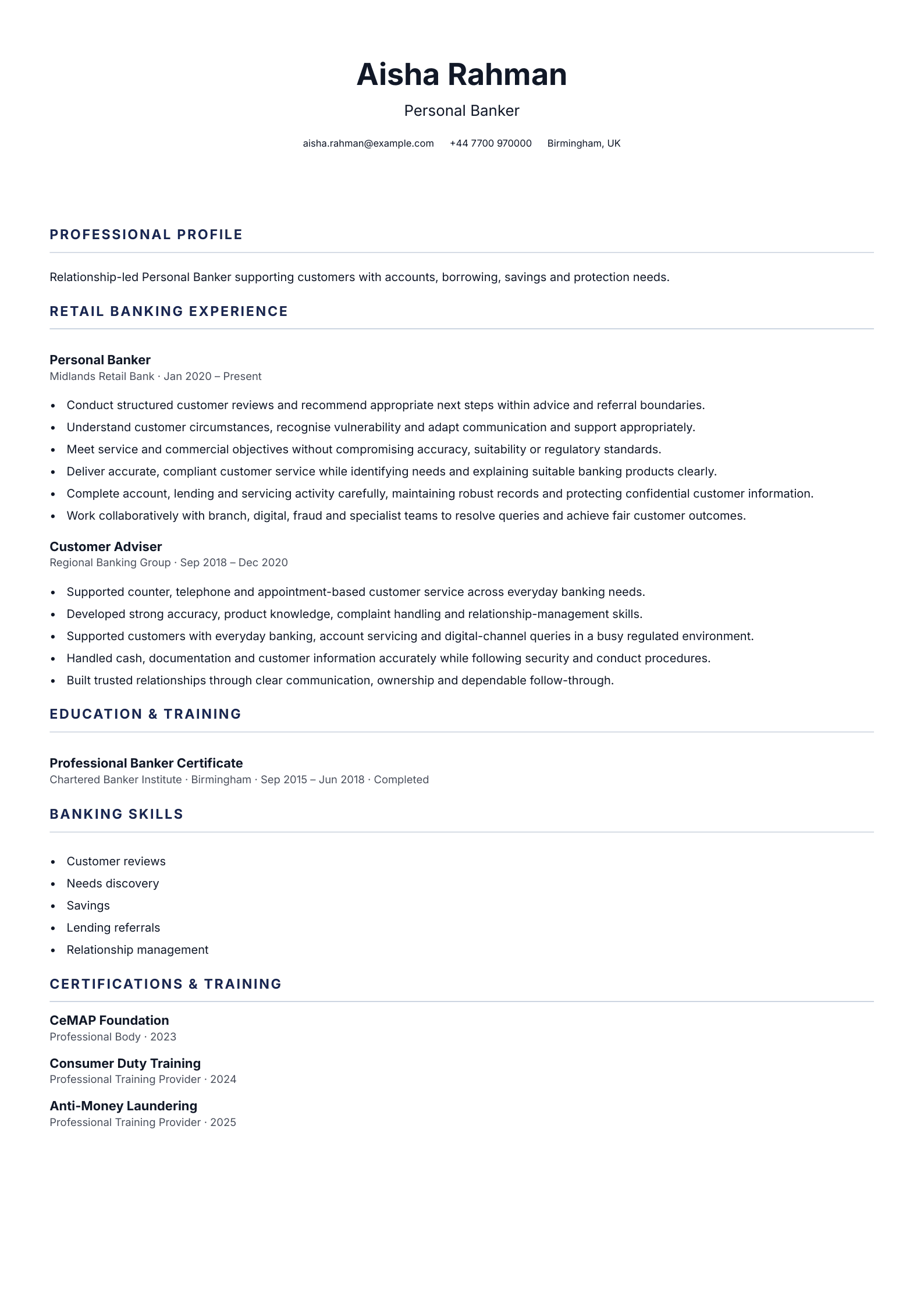 Personal Banker CV template