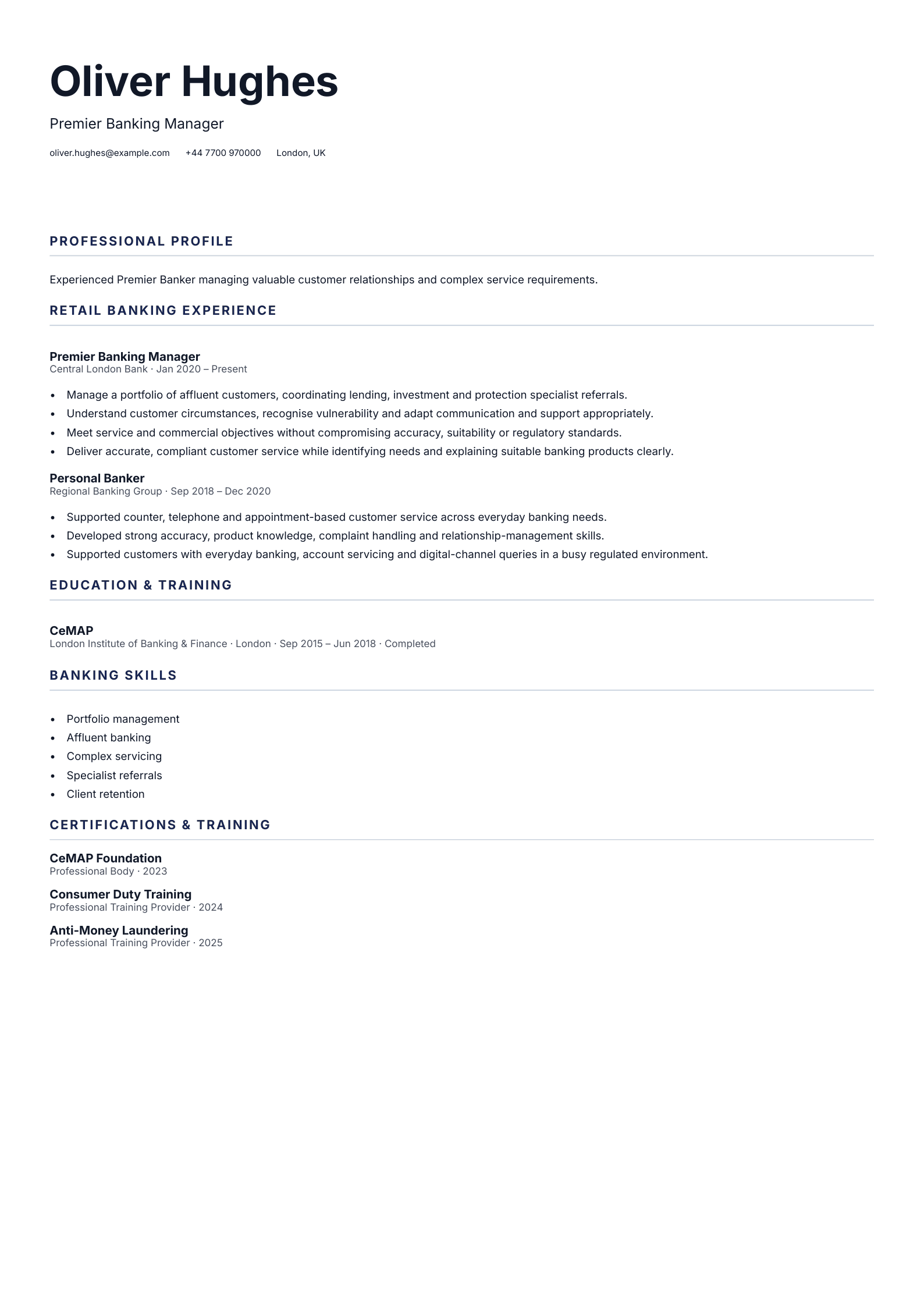 Premier Banking Manager CV template