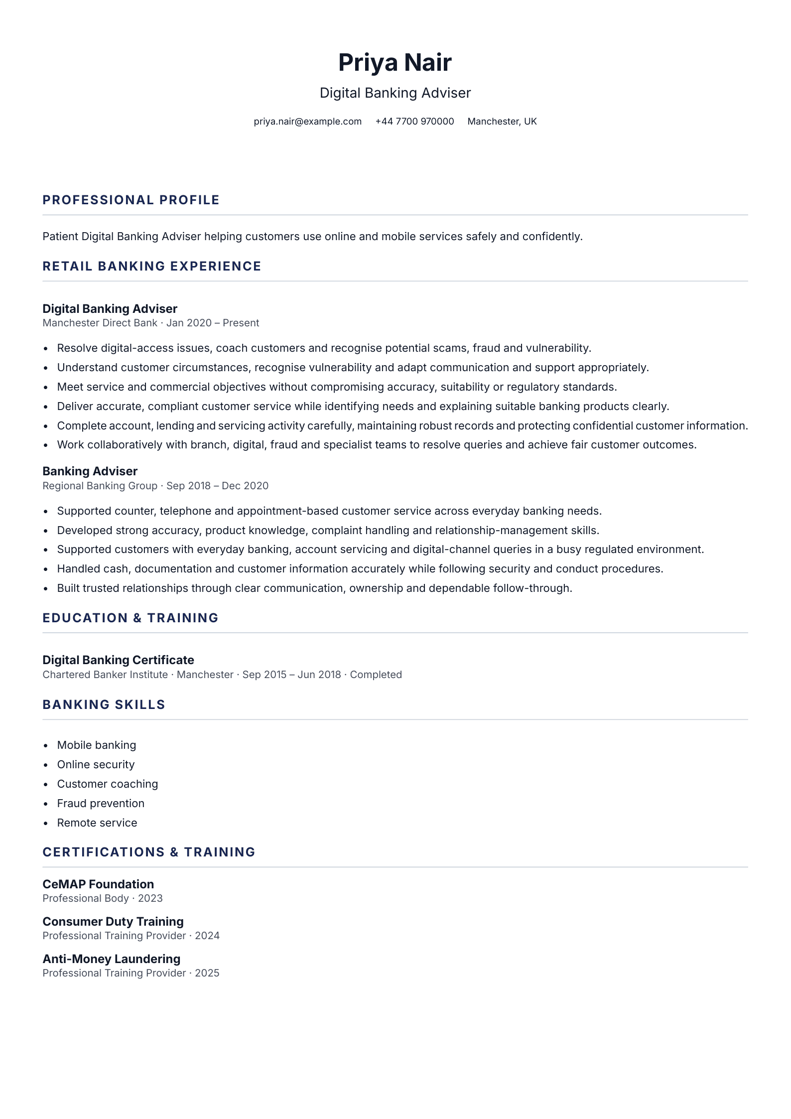 Digital Banking Adviser CV template