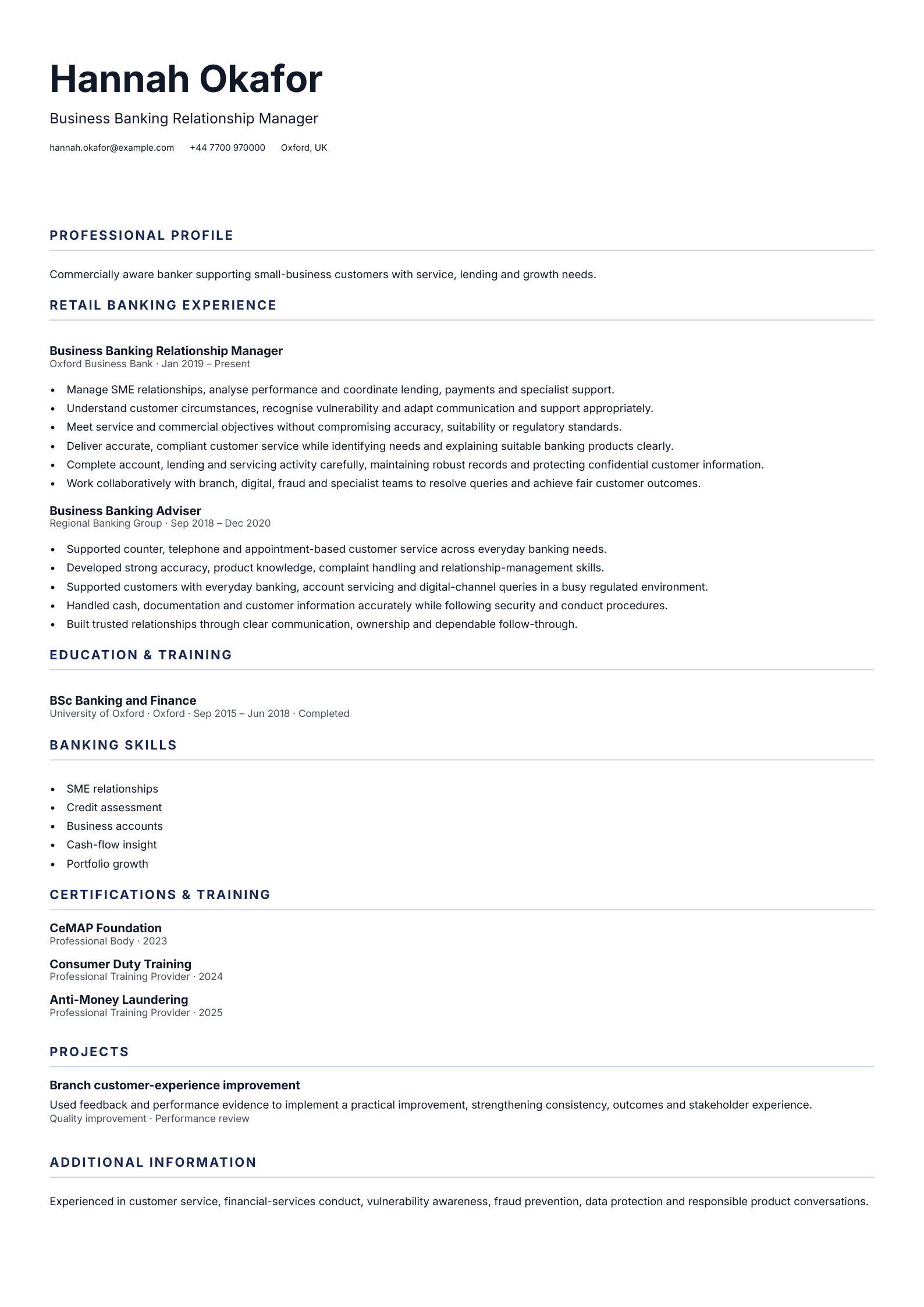 Business Banking Relationship Manager CV template