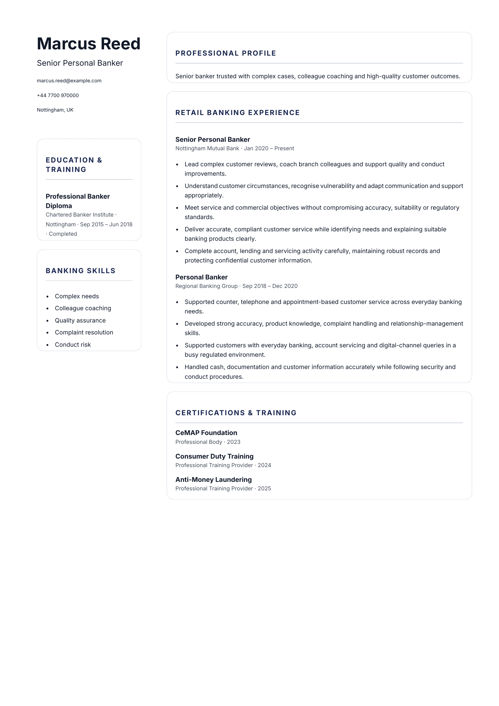 Senior Personal Banker CV template