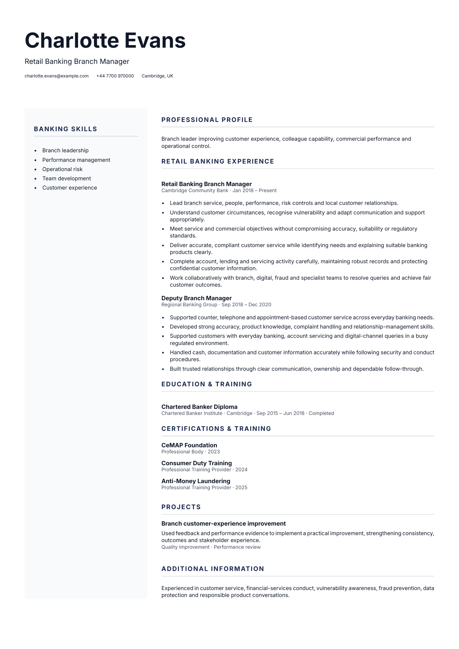 Retail Banking Branch Manager CV template