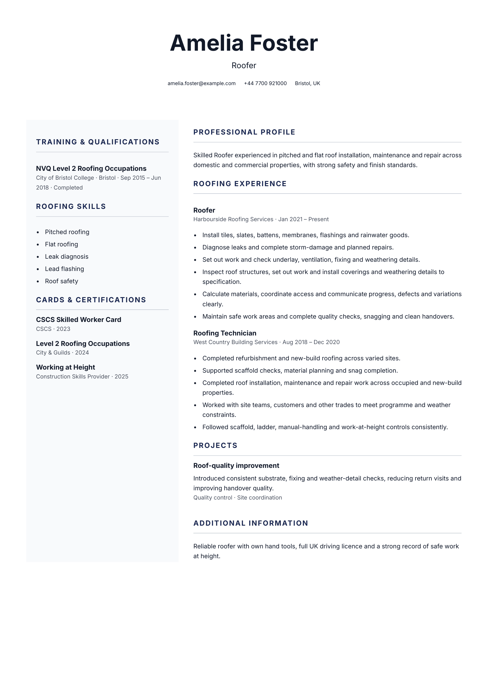 Roofer CV