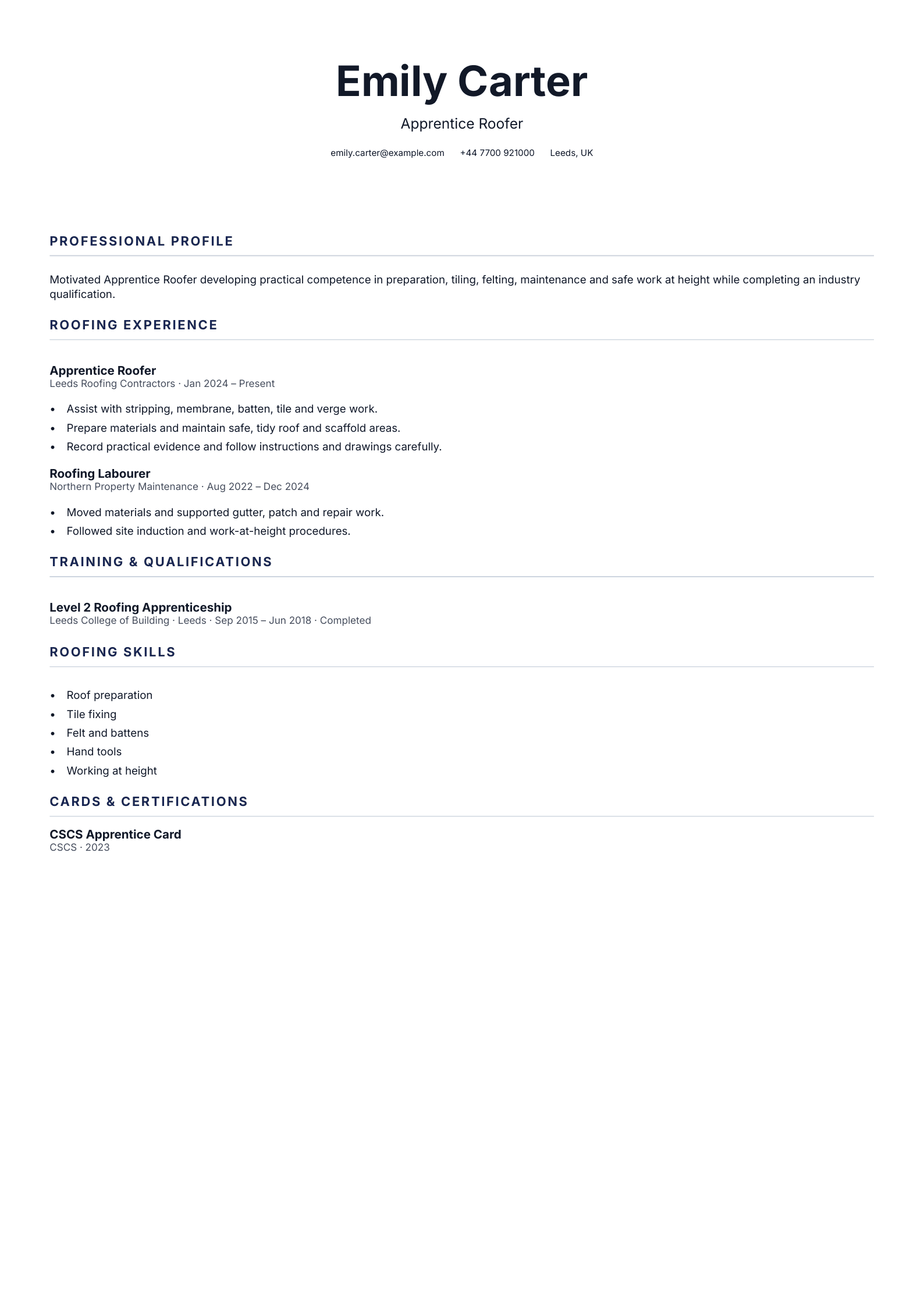 Apprentice Roofer CV template
