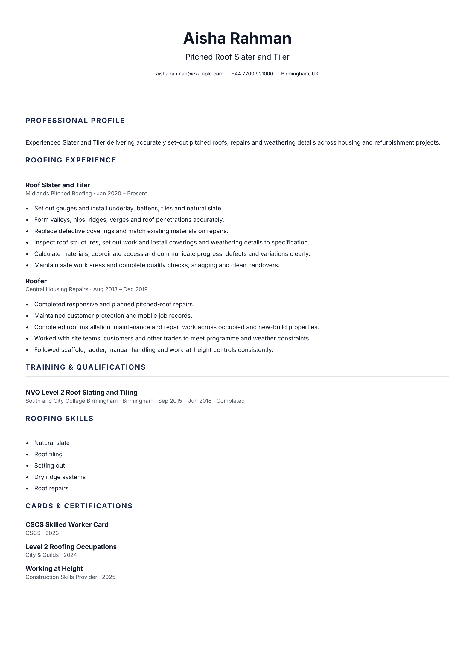 Roof Slater and Tiler CV template