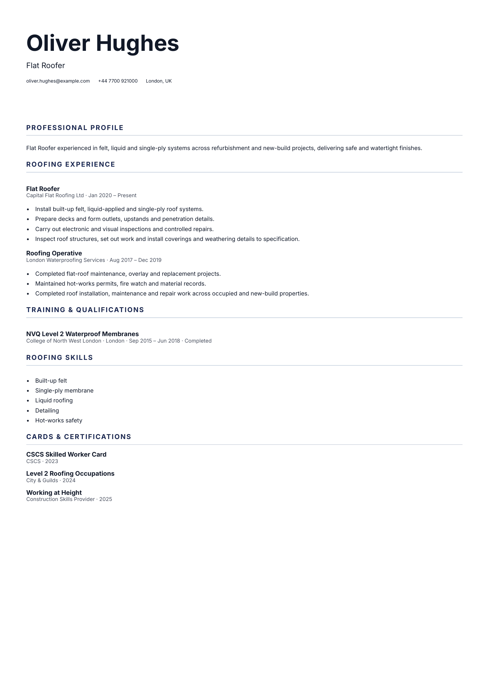Flat Roofer CV template