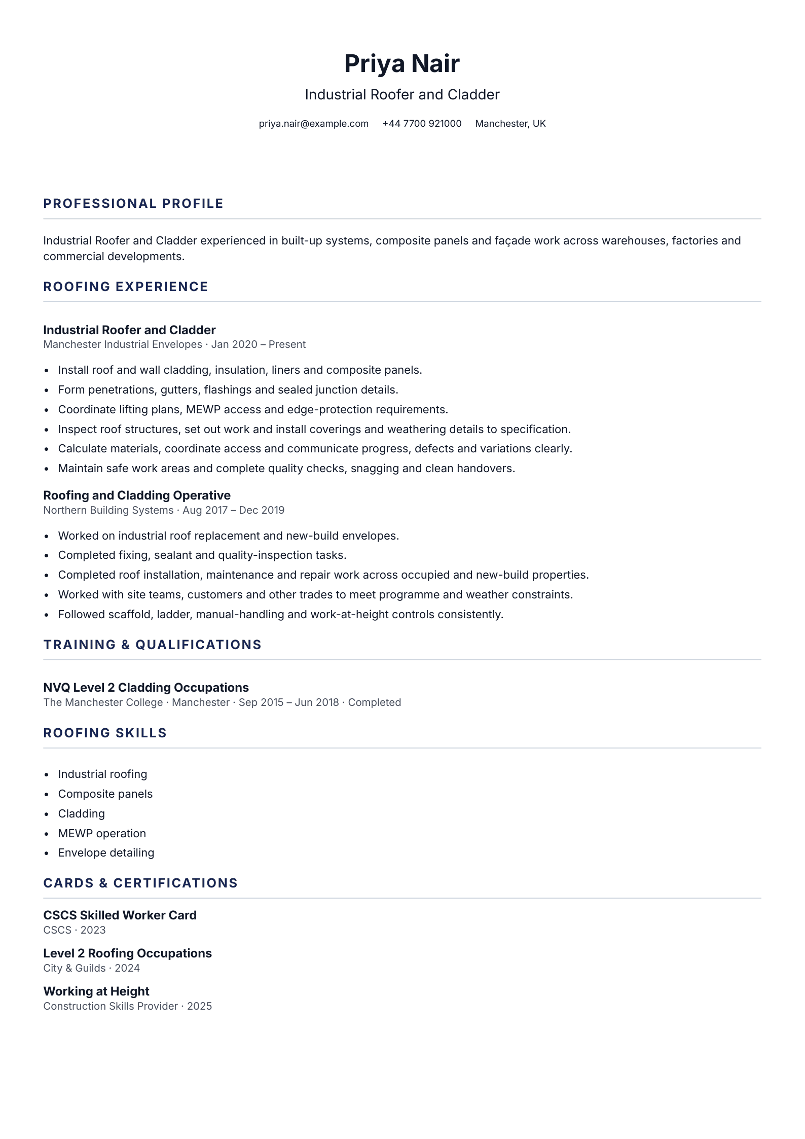 Industrial Roofer and Cladder CV template