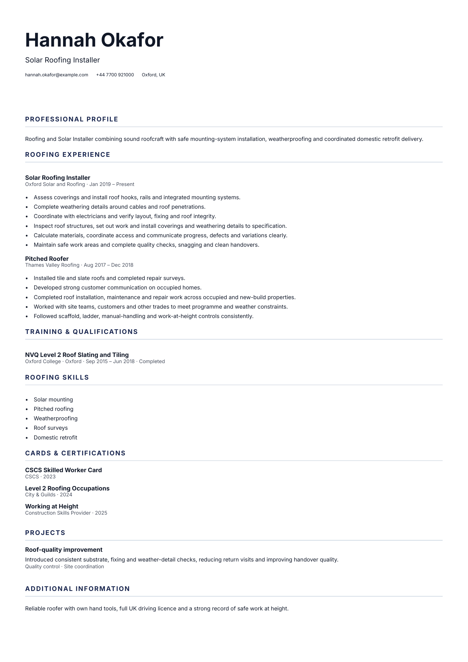 Solar Roofing Installer CV template