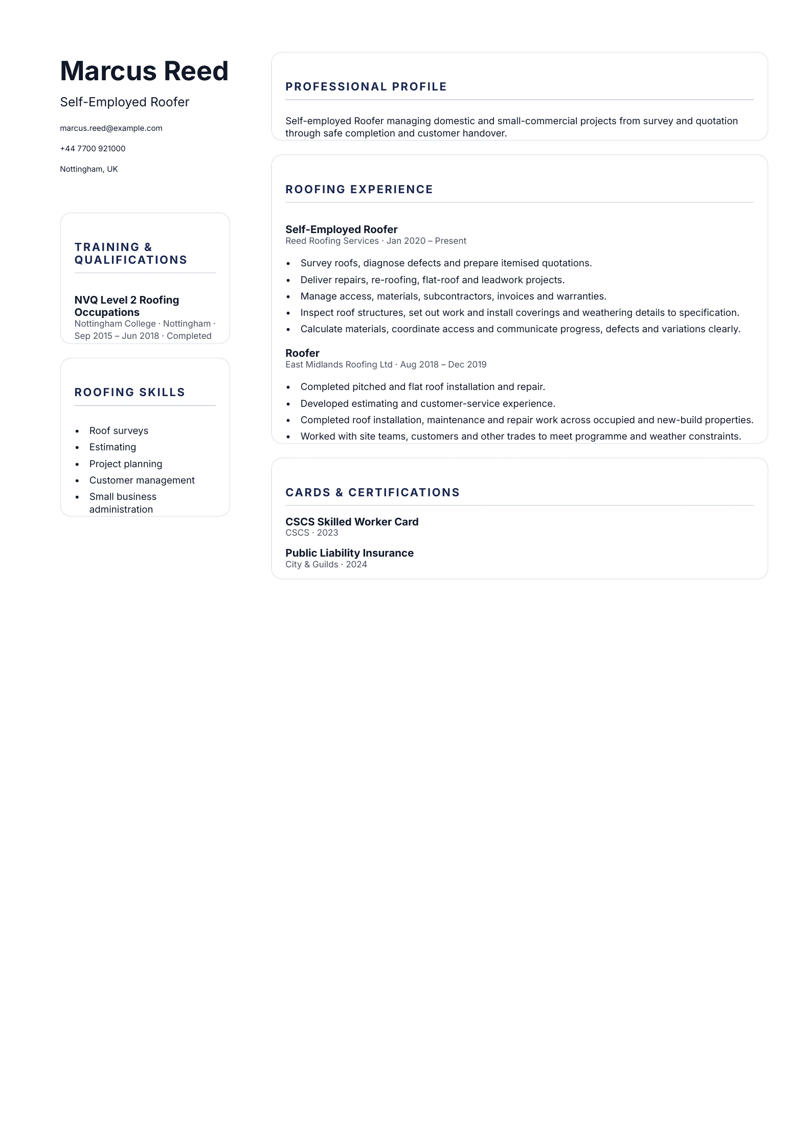 Self-Employed Roofer CV template