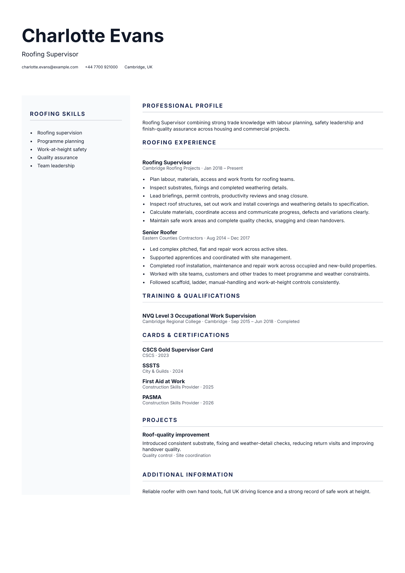 Roofing Supervisor CV template