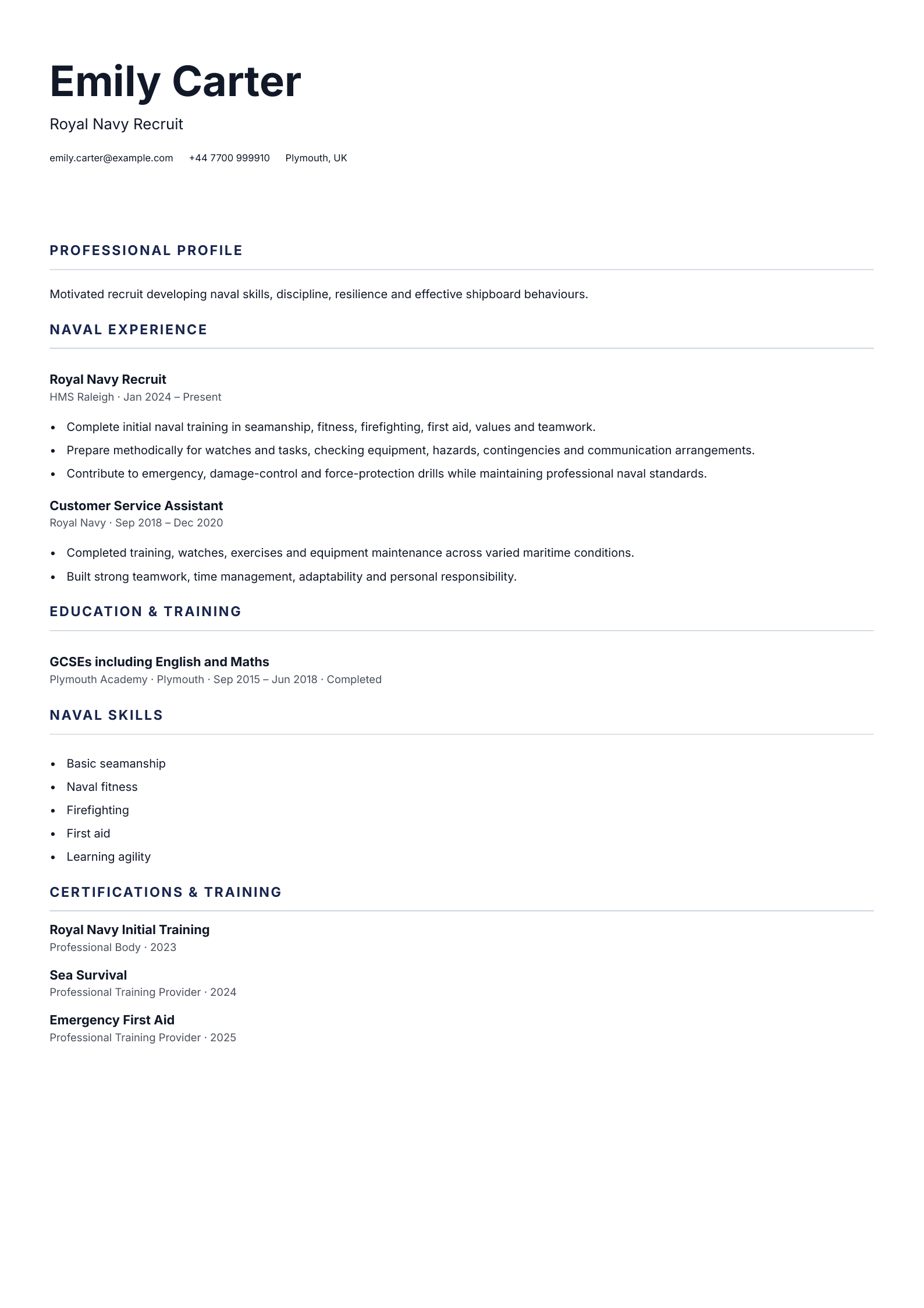 Royal Navy Recruit CV template