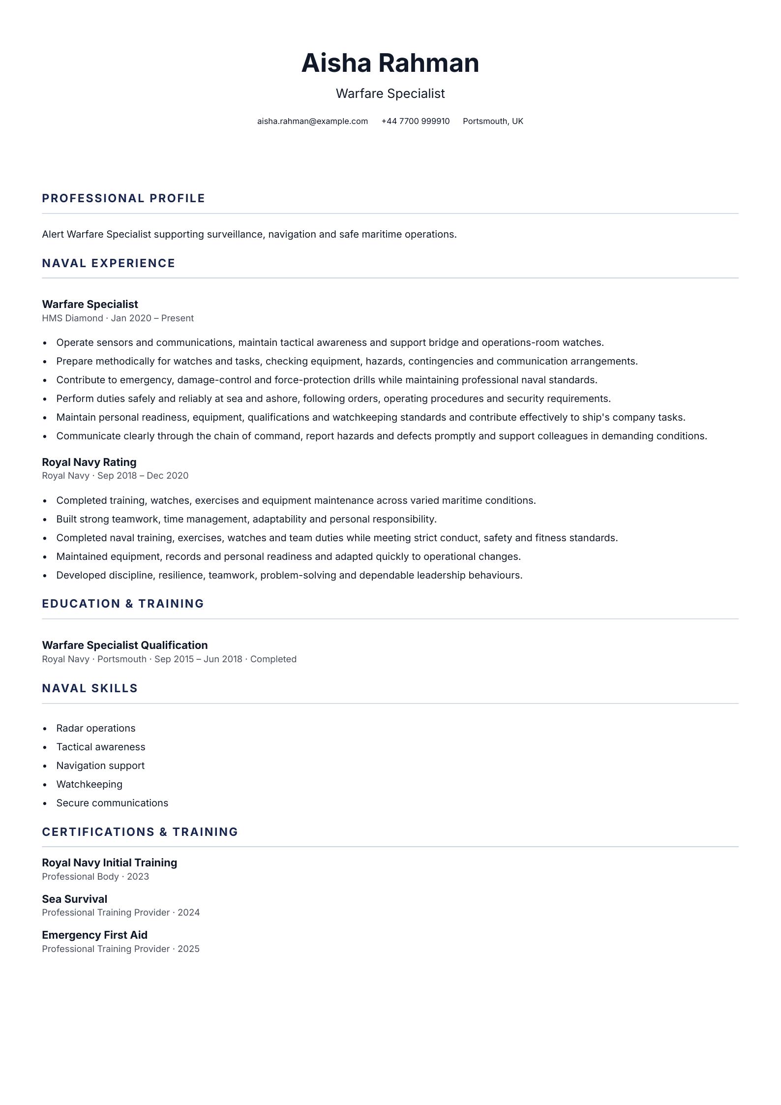 Warfare Specialist CV template