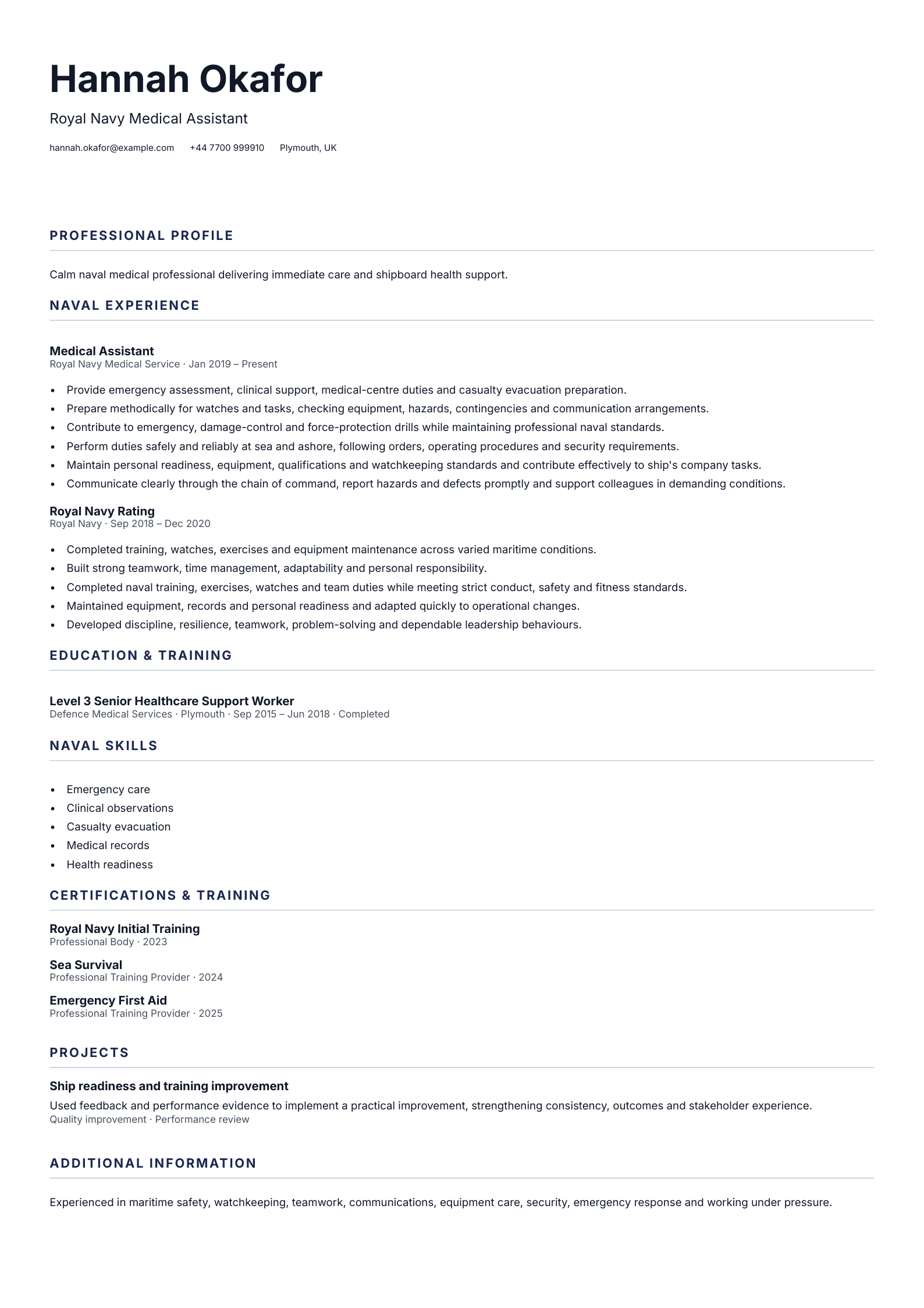 Royal Navy Medical Assistant CV template
