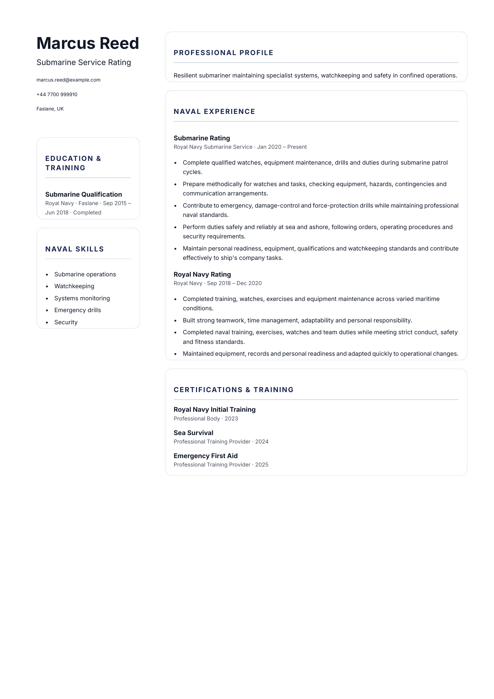 Submarine Service Rating CV template