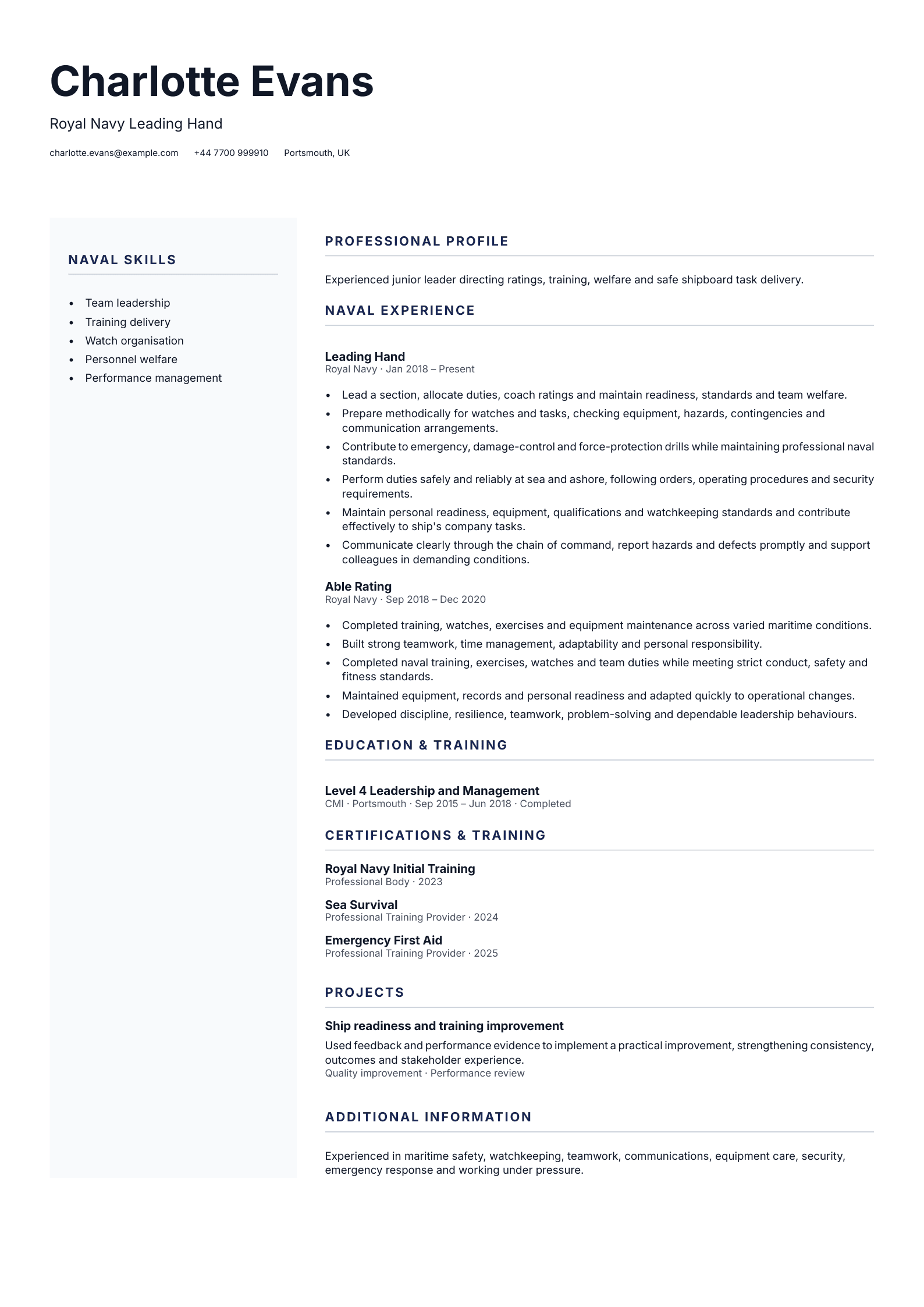 Royal Navy Leading Hand CV template