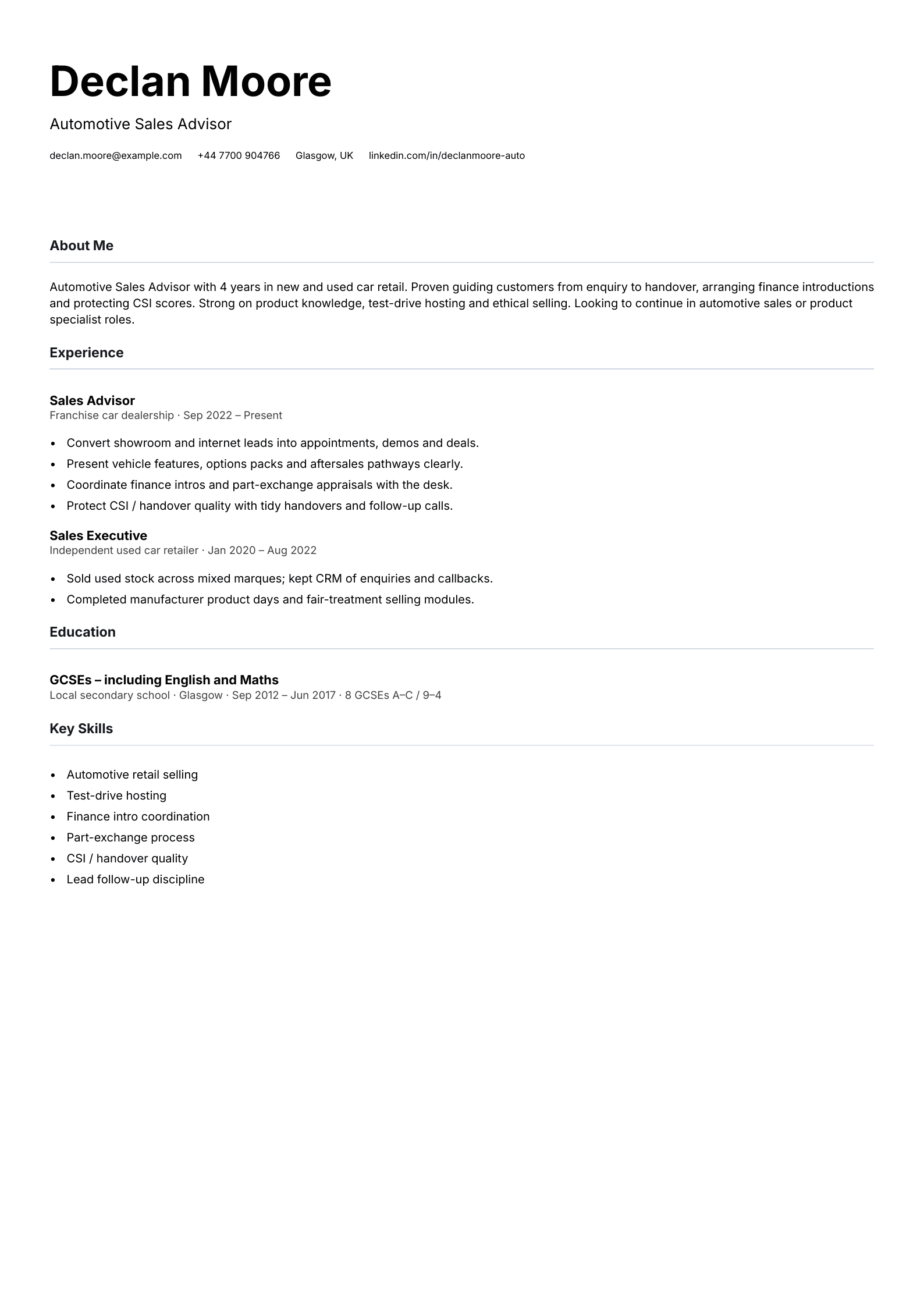 automotive sales advisor cv template