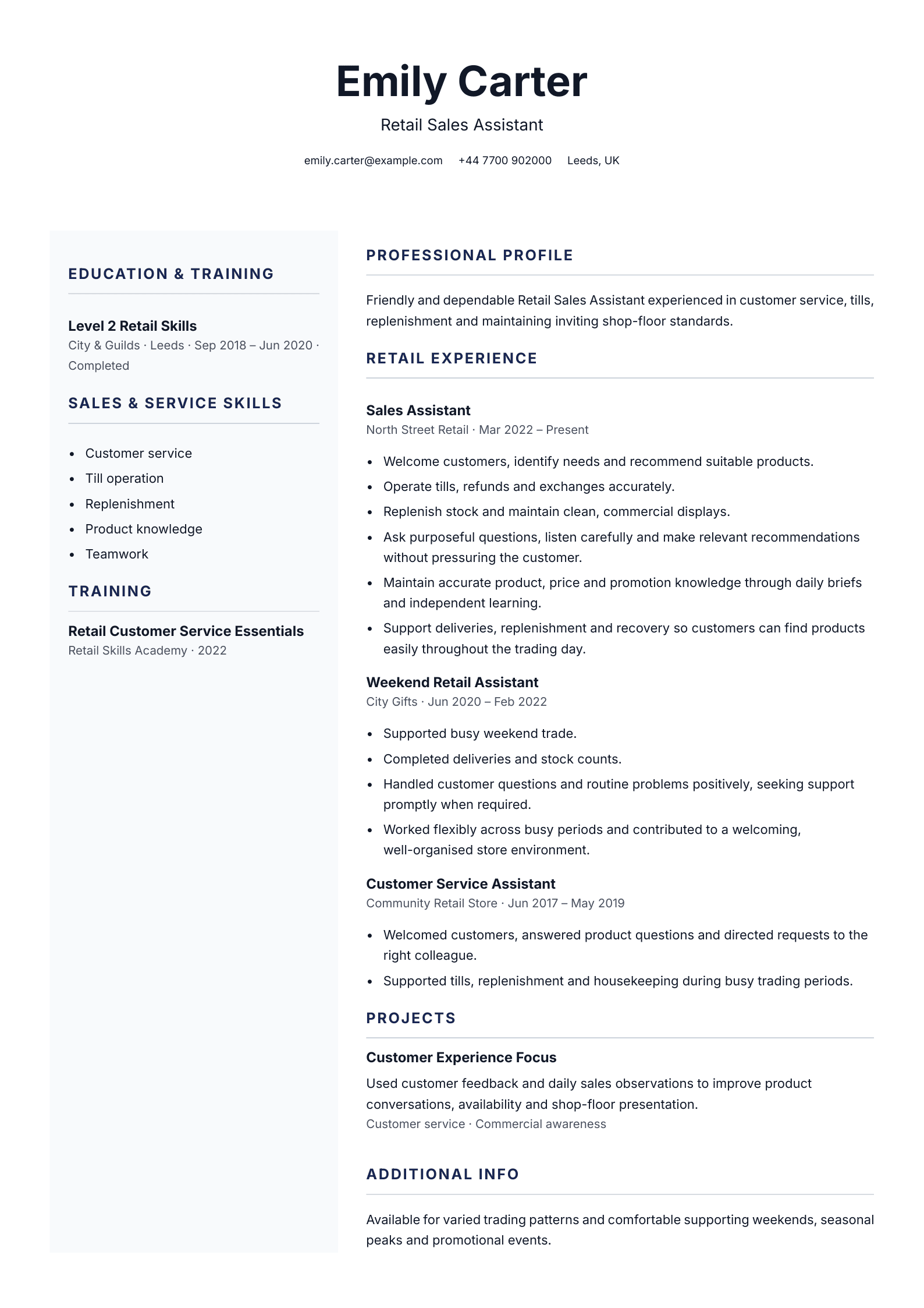 Retail Sales Assistant CV template