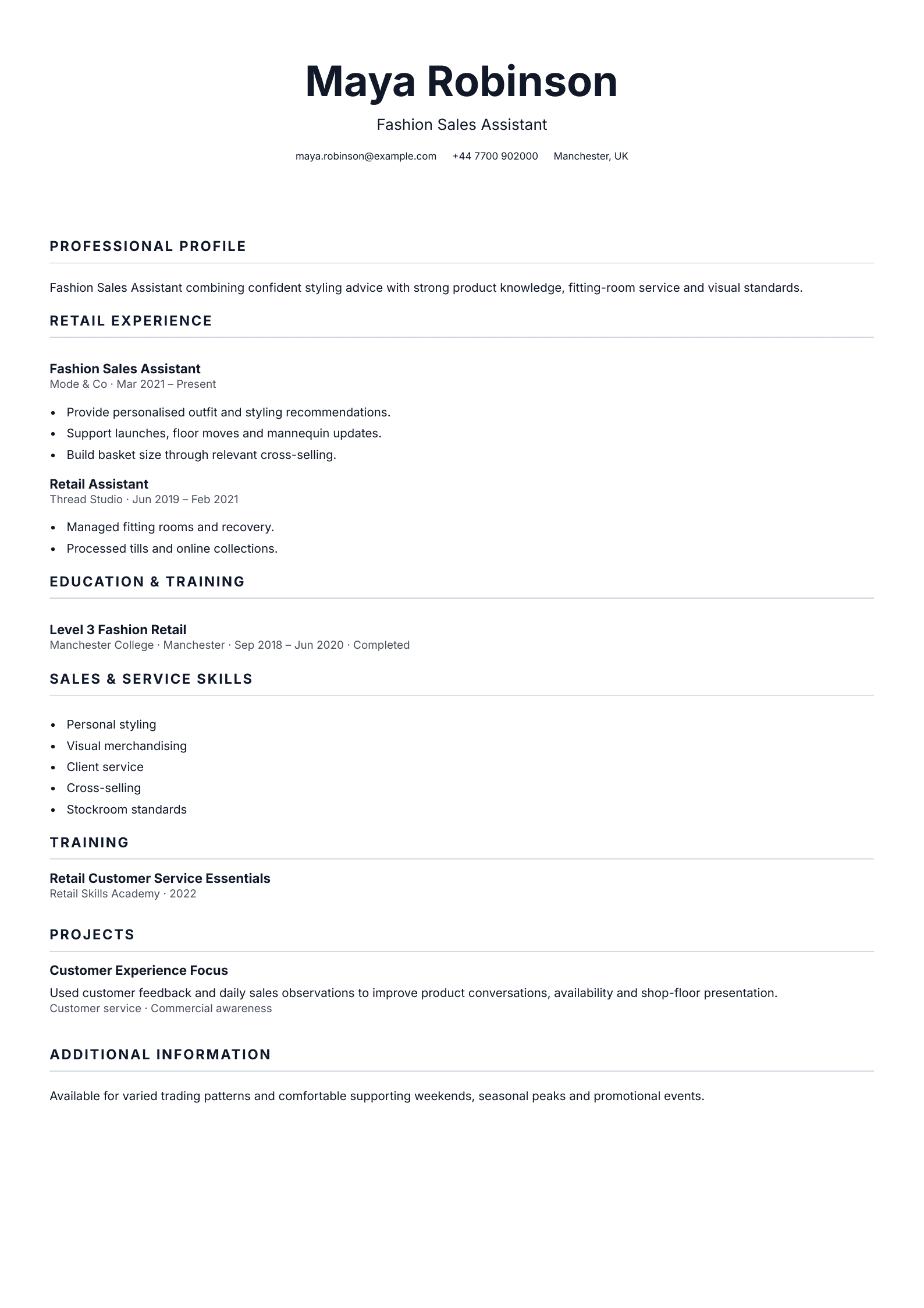 Fashion Sales Assistant CV template