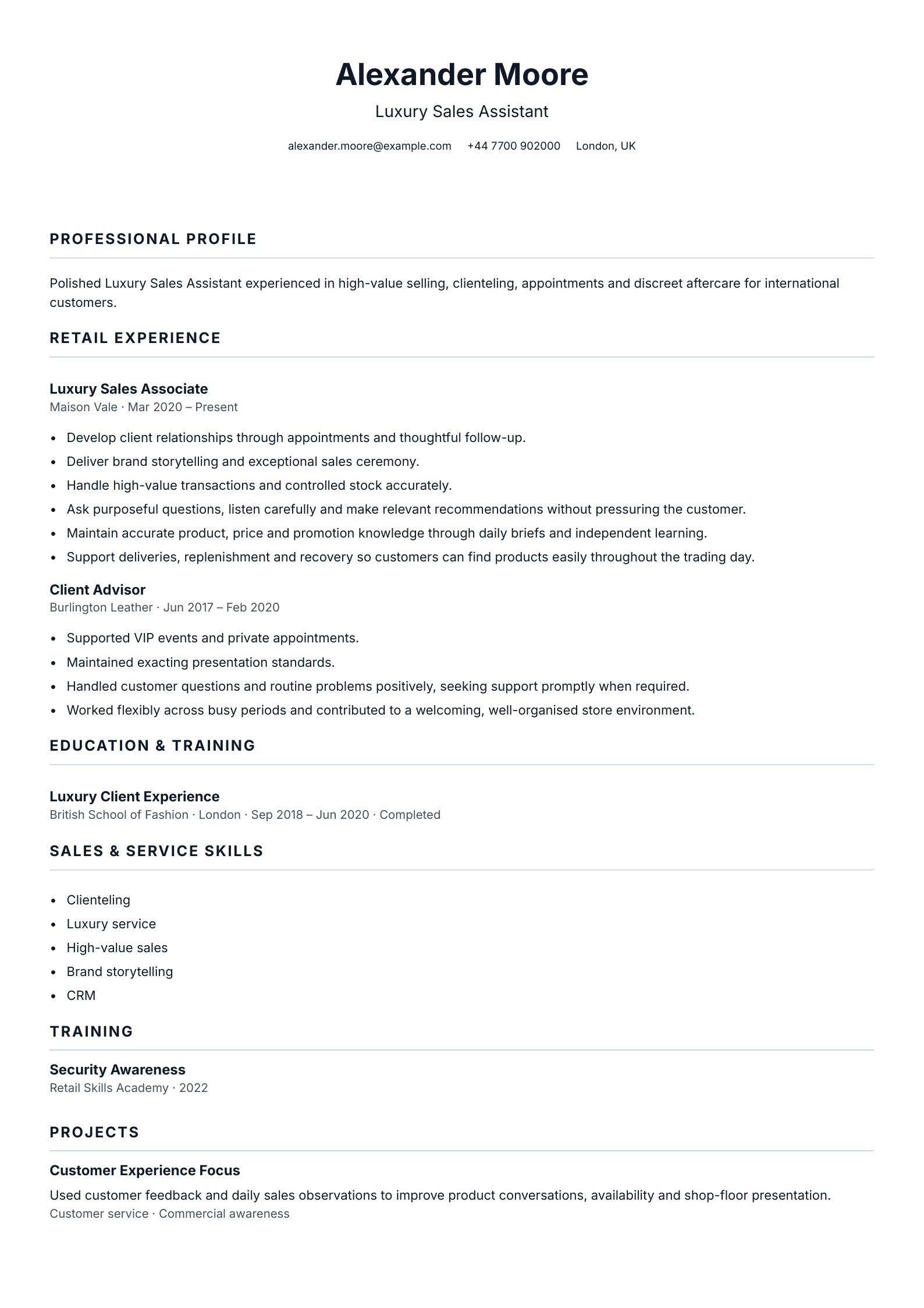 Luxury Sales Assistant CV template