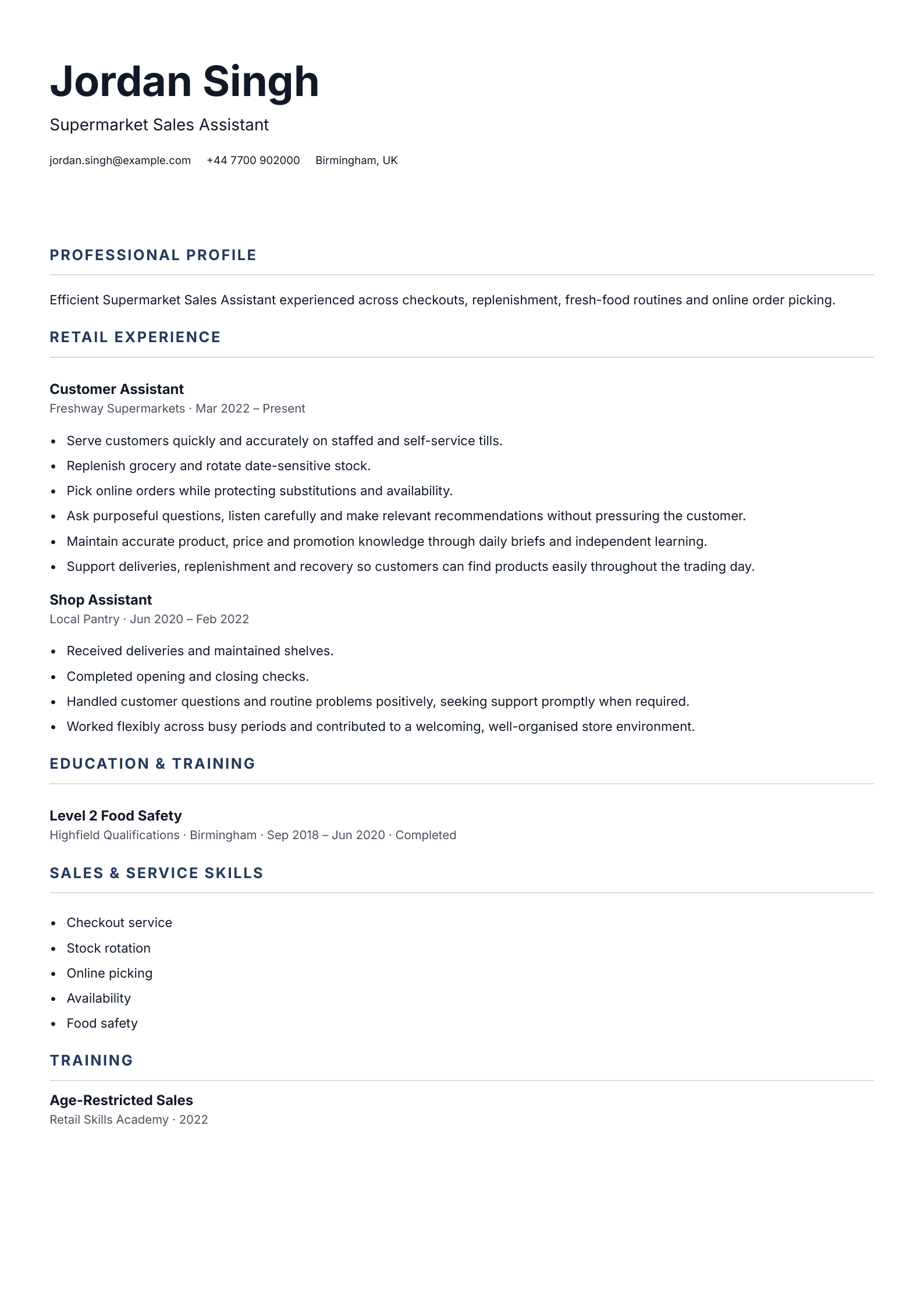 Supermarket Sales Assistant CV template