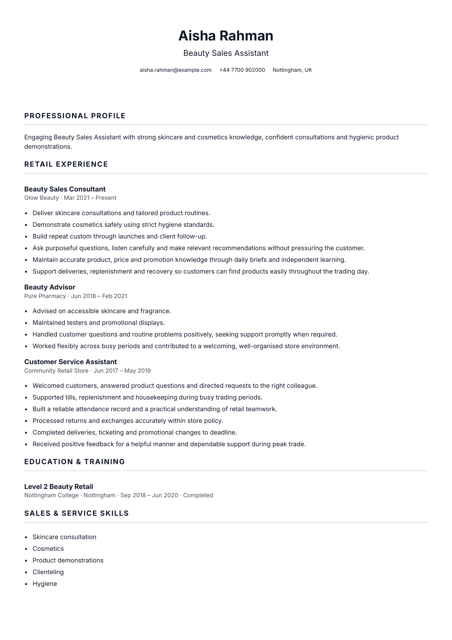 Beauty Sales Assistant CV template