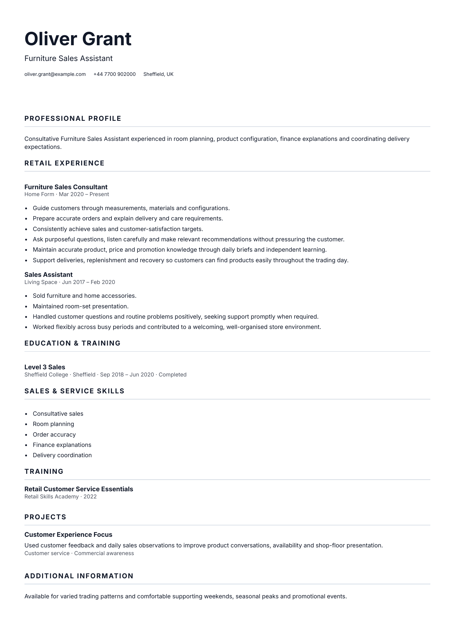 Furniture Sales Assistant CV template