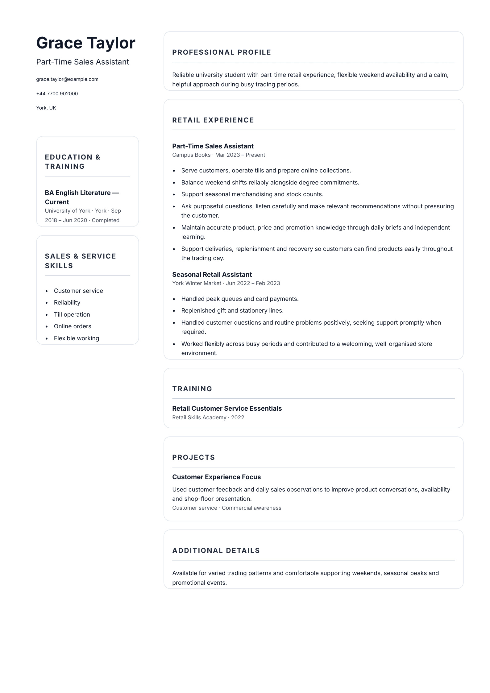 Part-Time Sales Assistant CV template