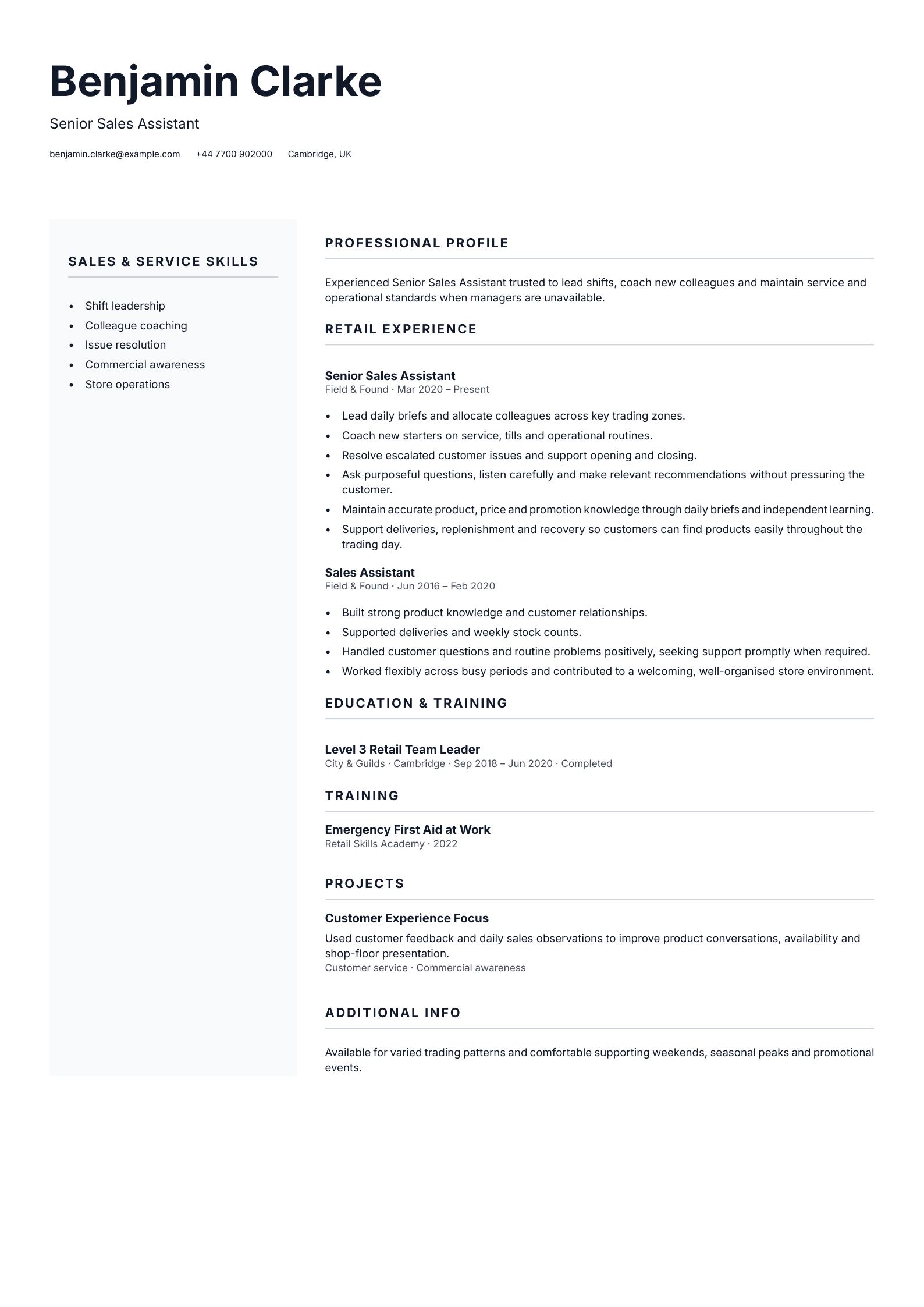 Senior Sales Assistant CV template