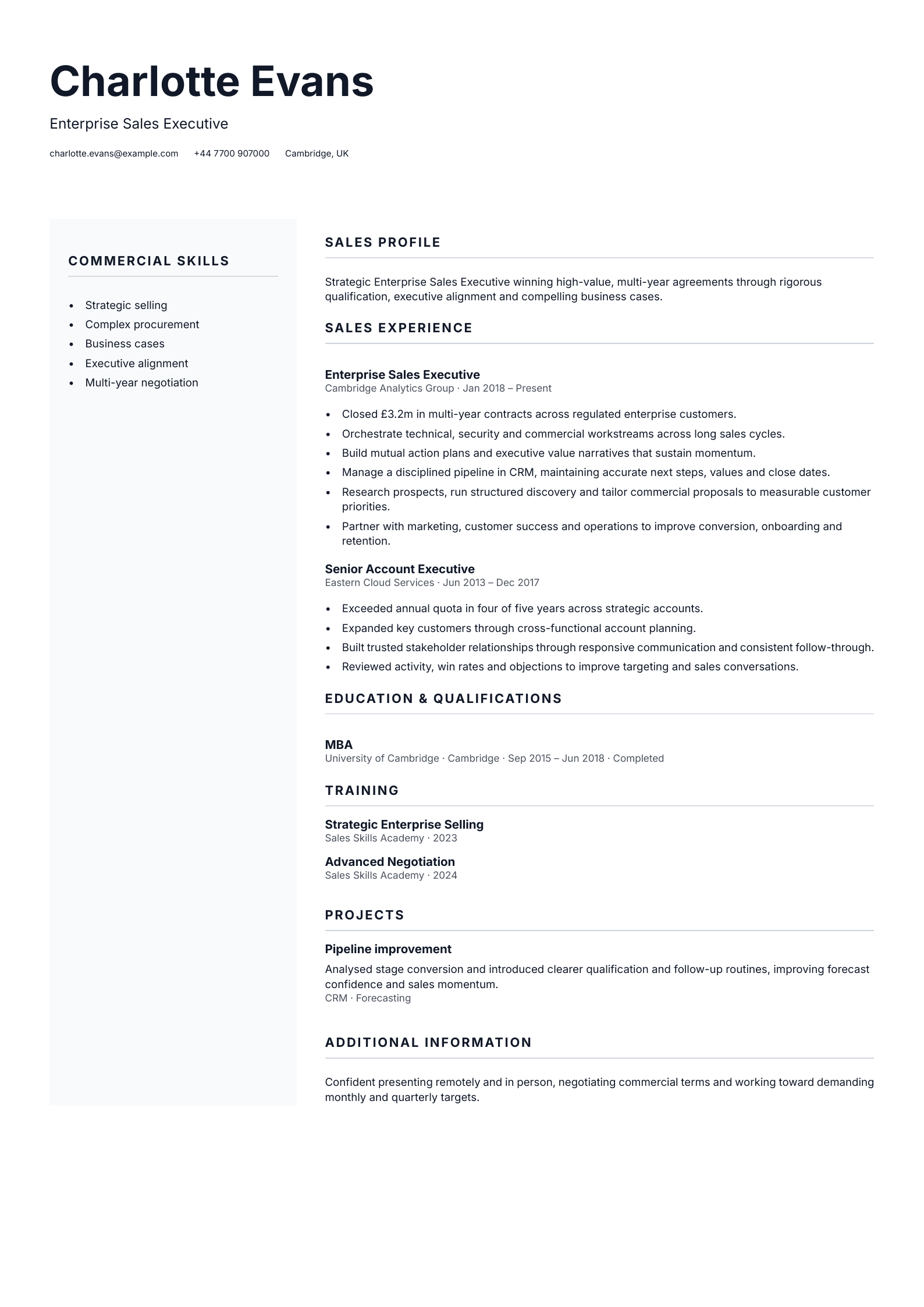 Enterprise Sales Executive CV template