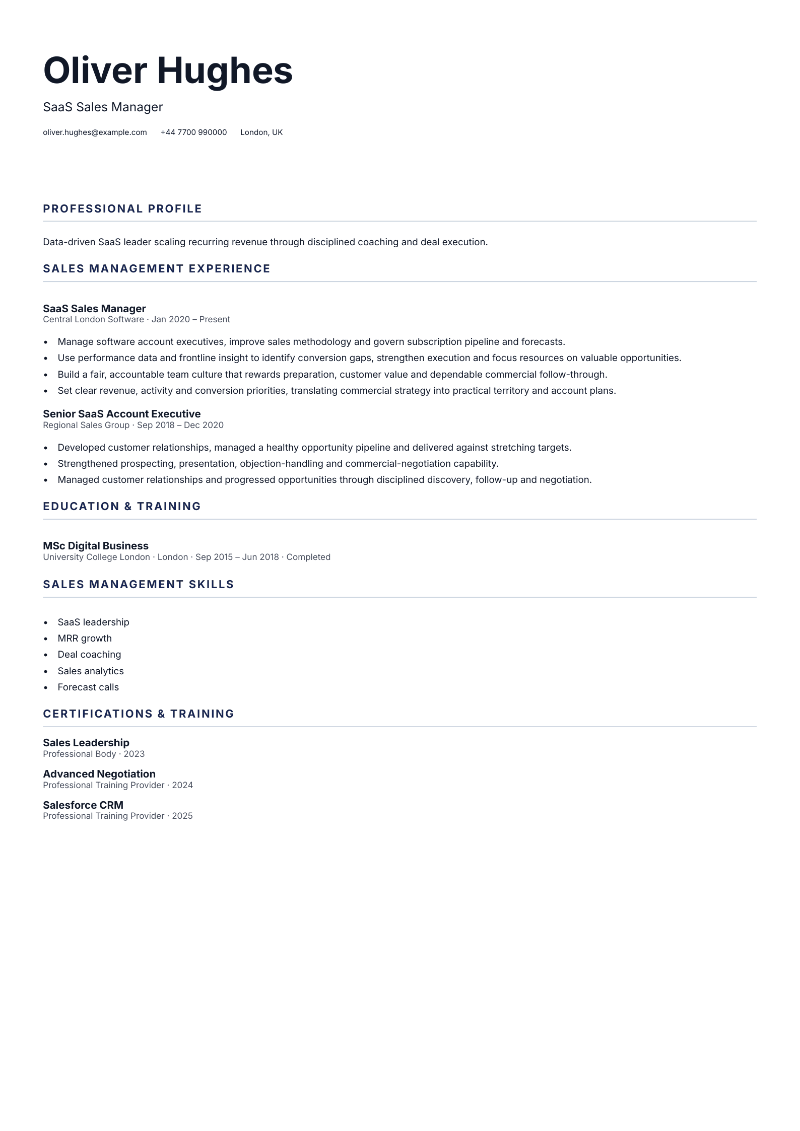 SaaS Sales Manager CV template
