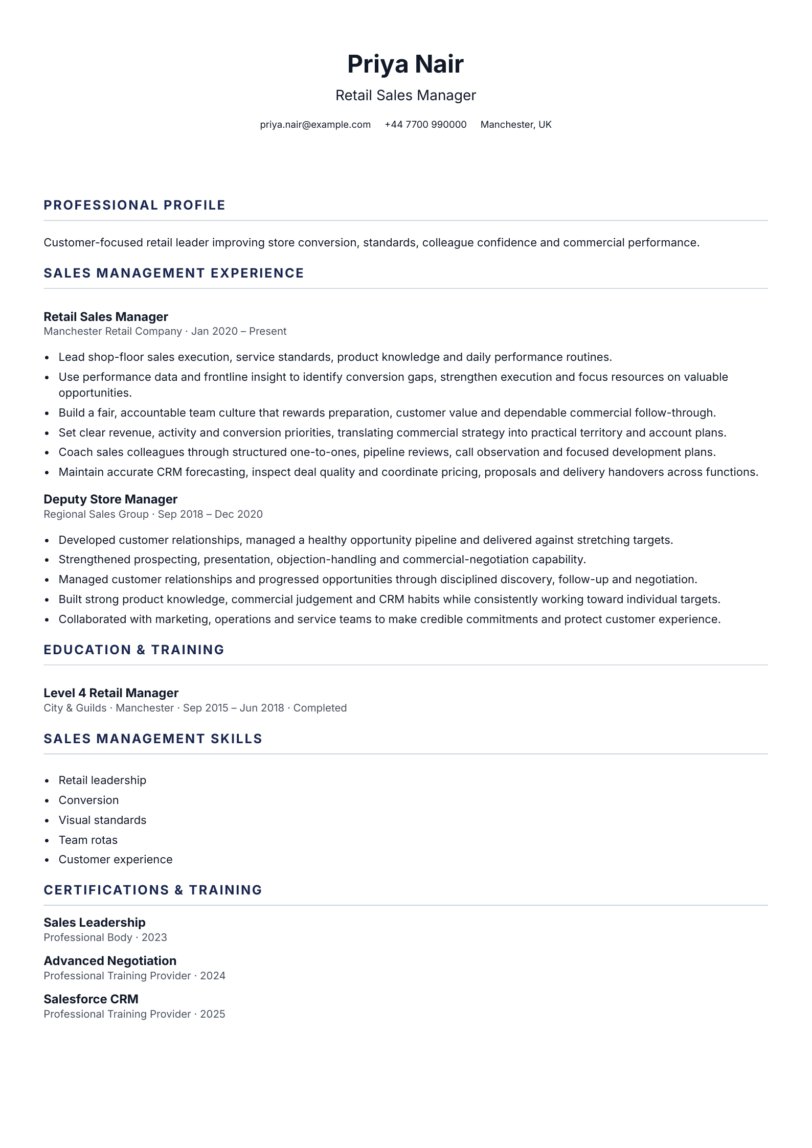 Retail Sales Manager CV template