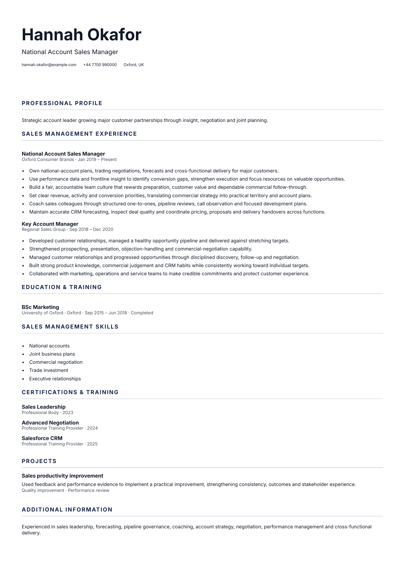 National Account Sales Manager CV template