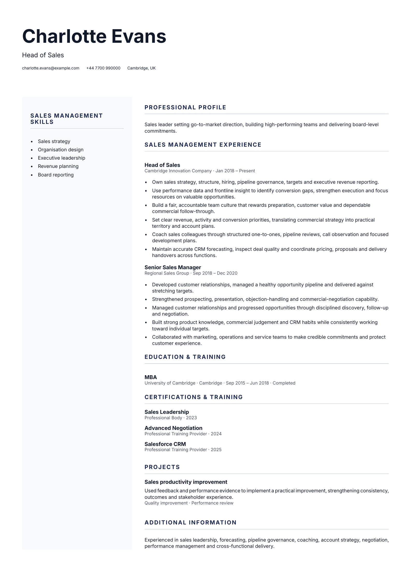 Head of Sales CV template