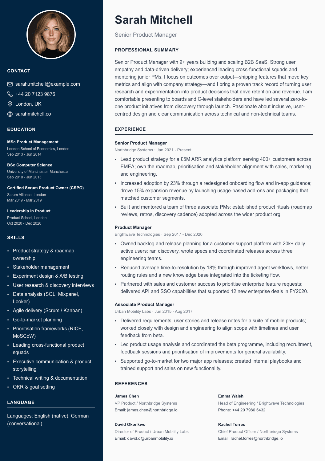 Two-column CV template with sidebar