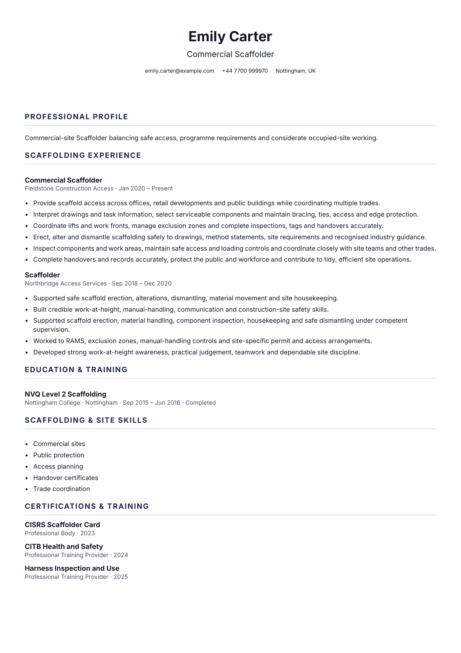 Commercial Scaffolder CV template