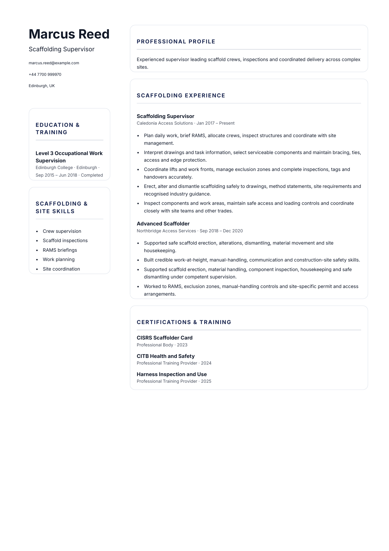 Scaffolding Supervisor CV template