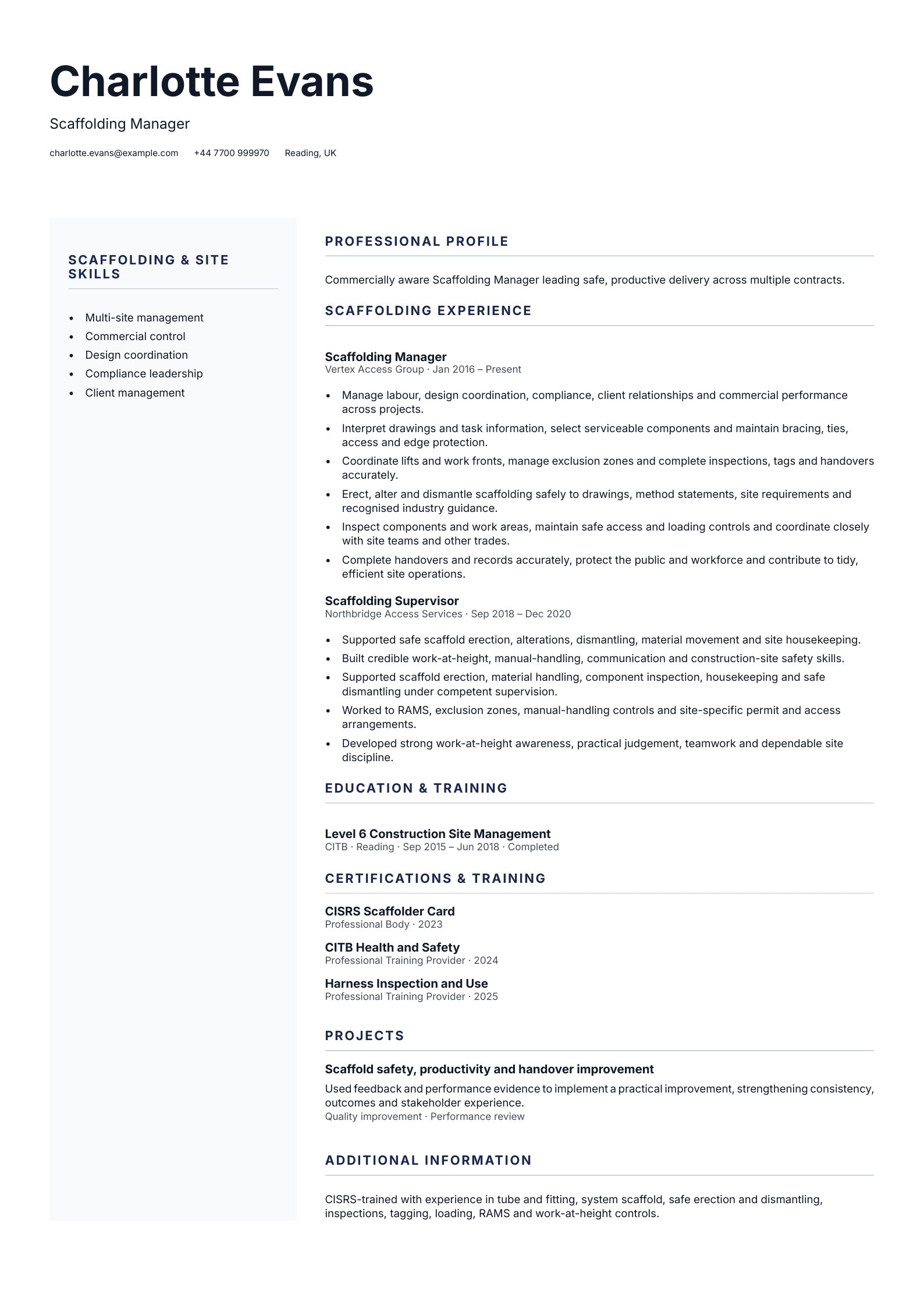 Scaffolding Manager CV template