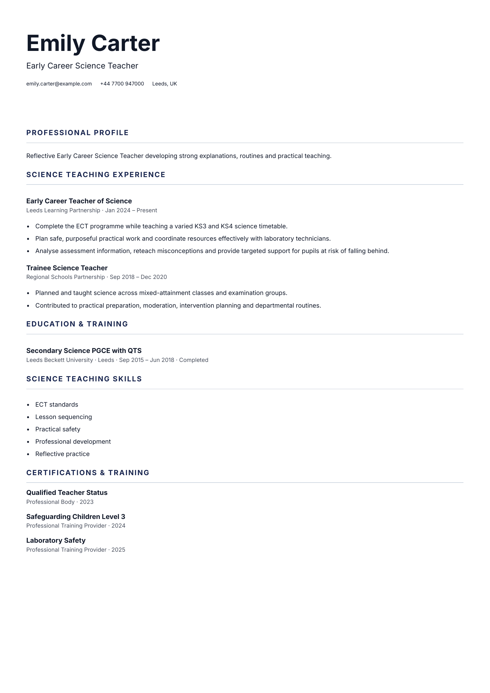 Early Career Science Teacher CV template