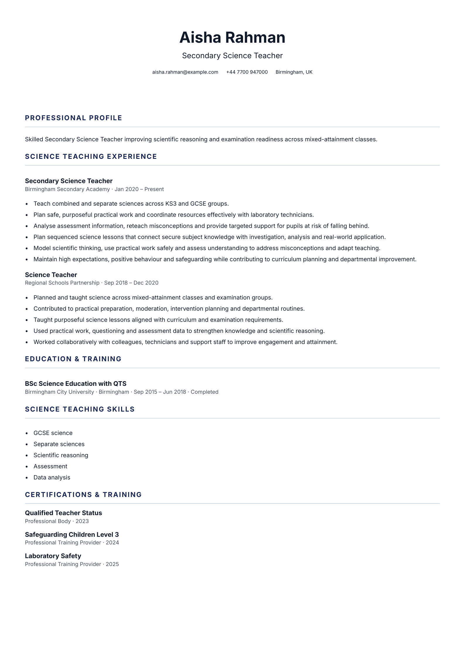 Secondary Science Teacher CV template