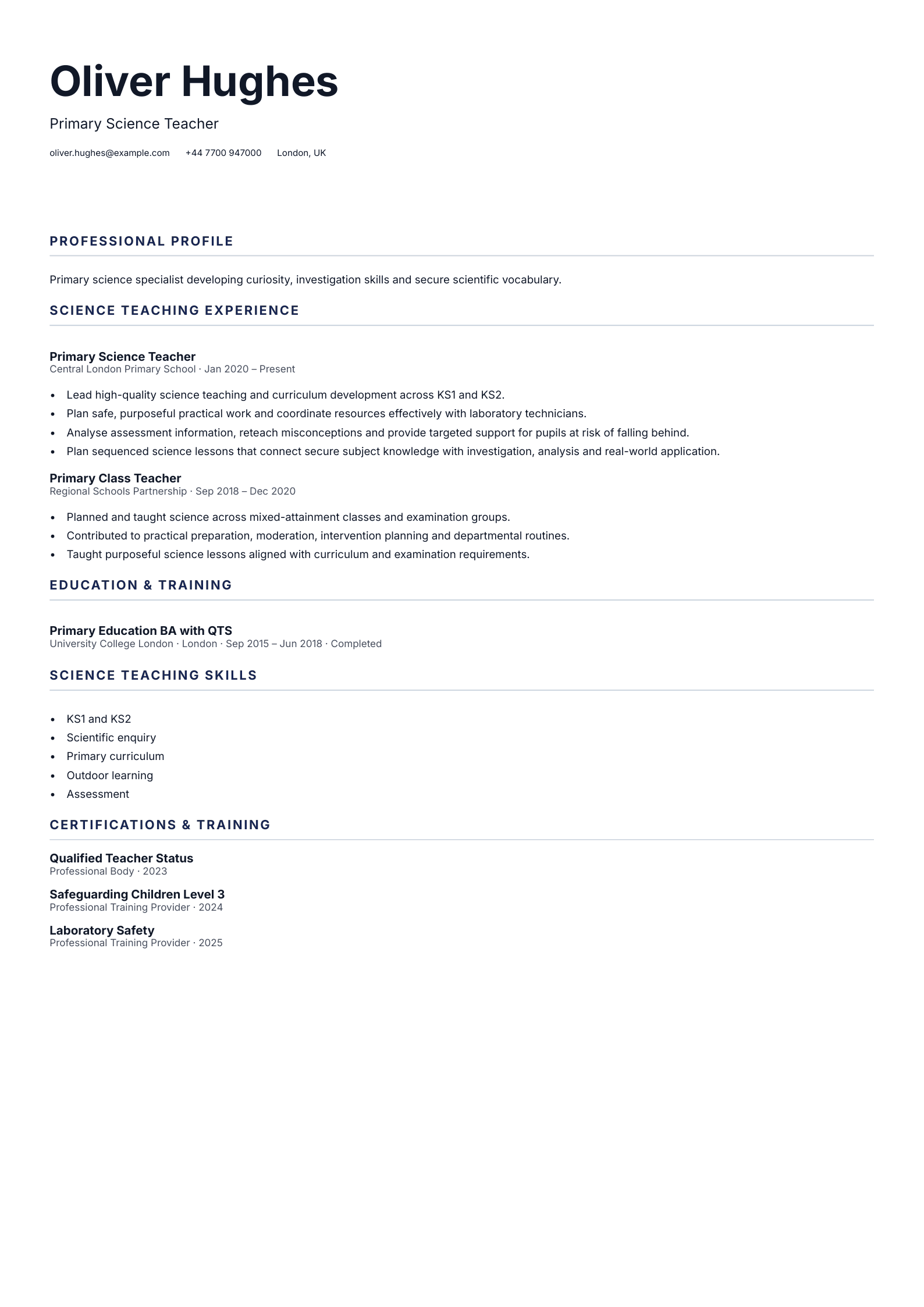 Primary Science Teacher CV template